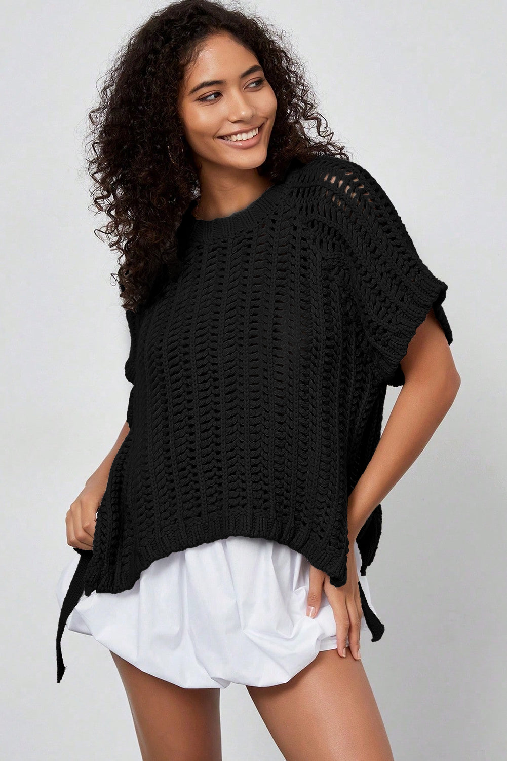 Pink Plus Size Open Knit Bow Tie Short Sleeve Sweater