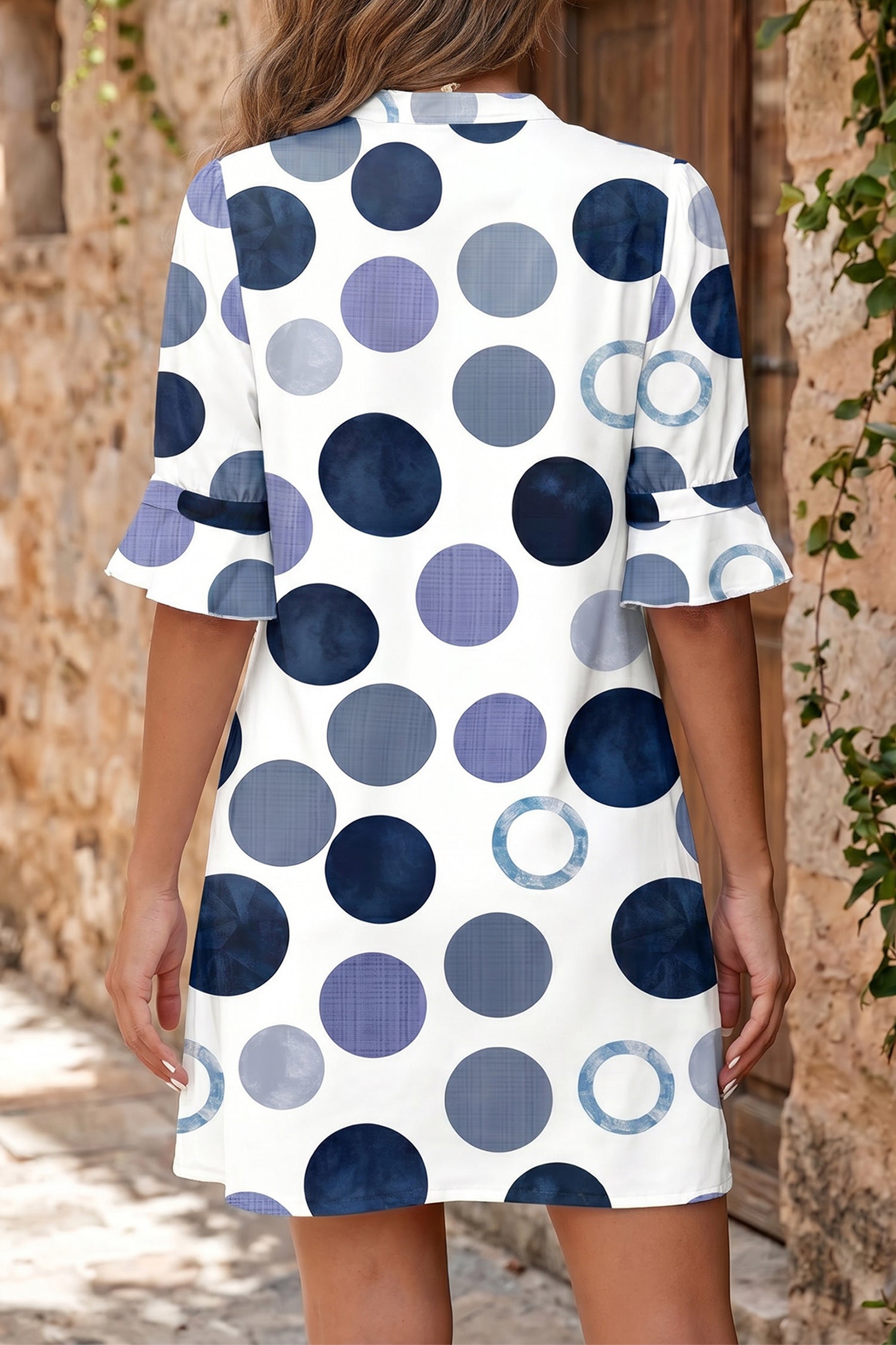 Green Polka Dot Print Flounced Half Sleeve Casual Vacation Style Mini Dress