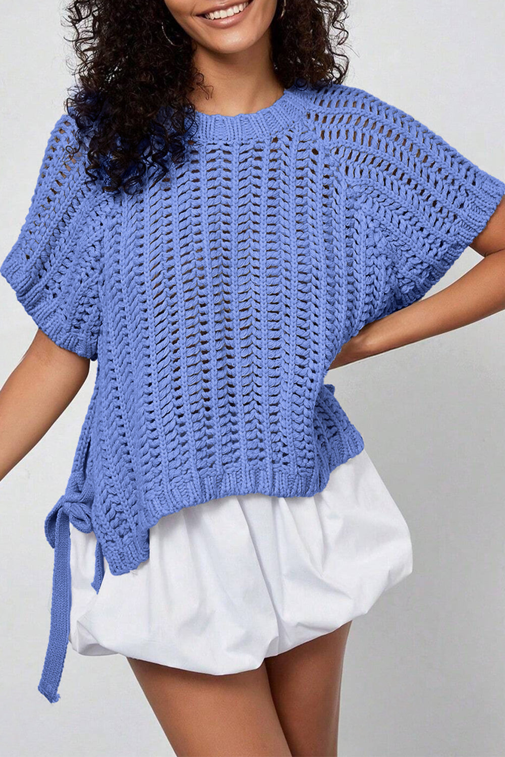 Pink Plus Size Open Knit Bow Tie Short Sleeve Sweater