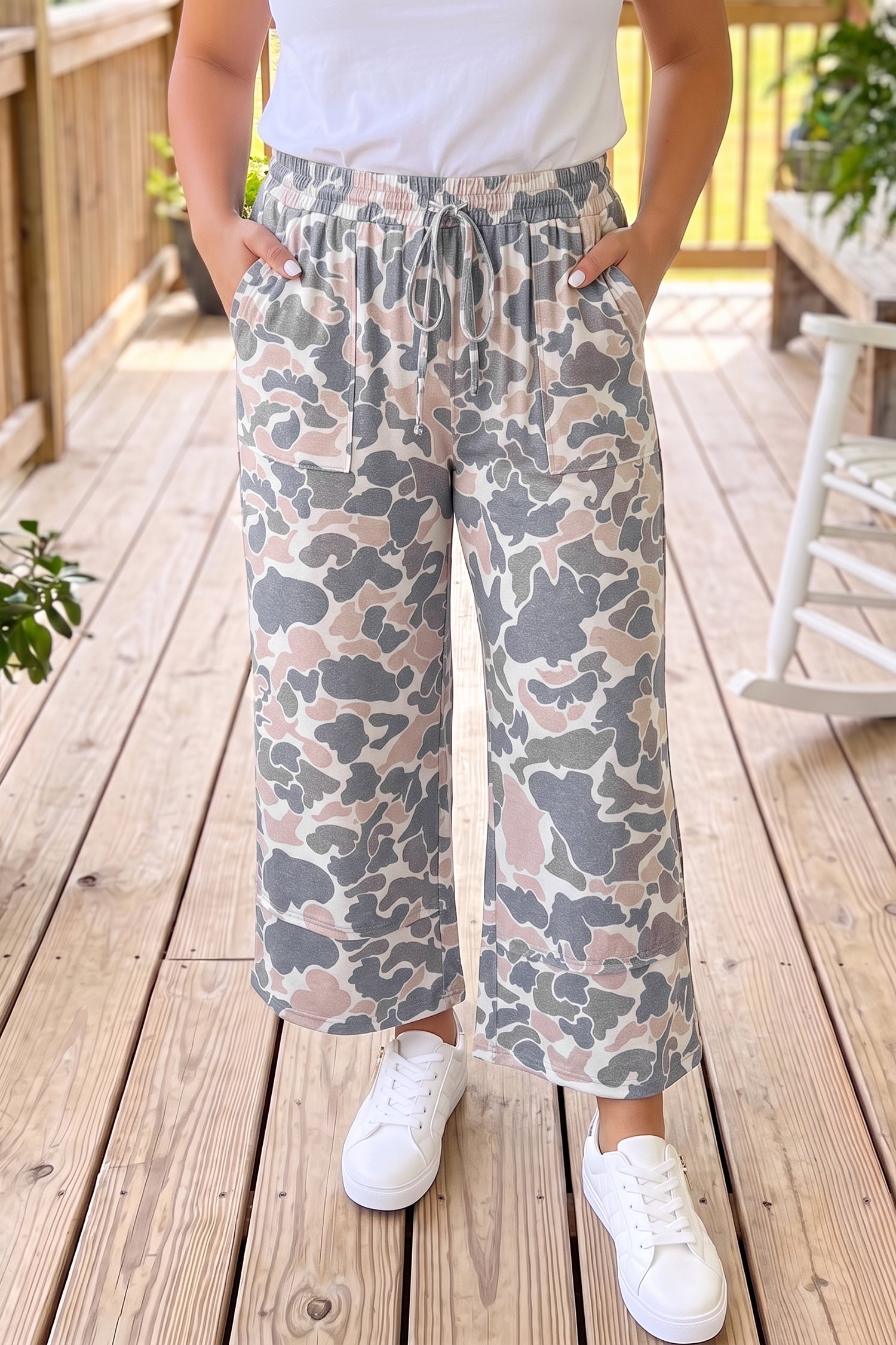 Khaki Camouflage Print Patch Pockets Ankle-Length Plus Size Pants