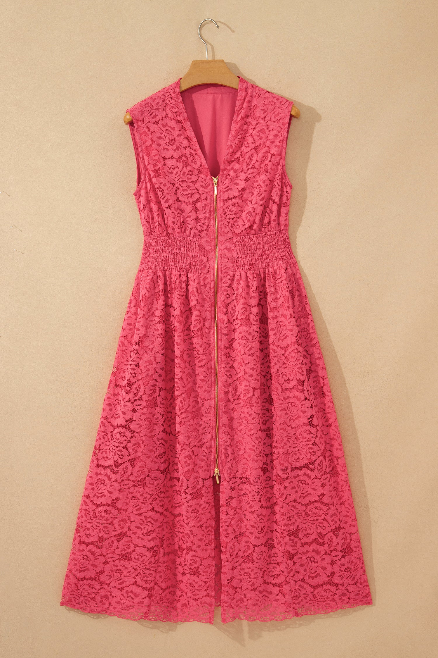 Coral Floral Lace Overlay Zip Up V Neck Smocked Waist Sleeveless Dress
