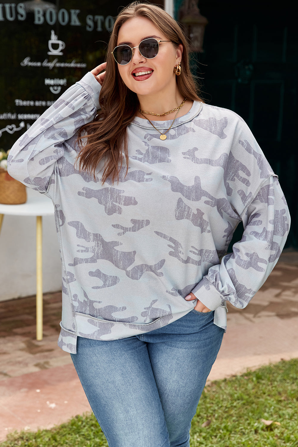 Multicolour Camouflage Print  Round Neck Plus Size Sweatshirt