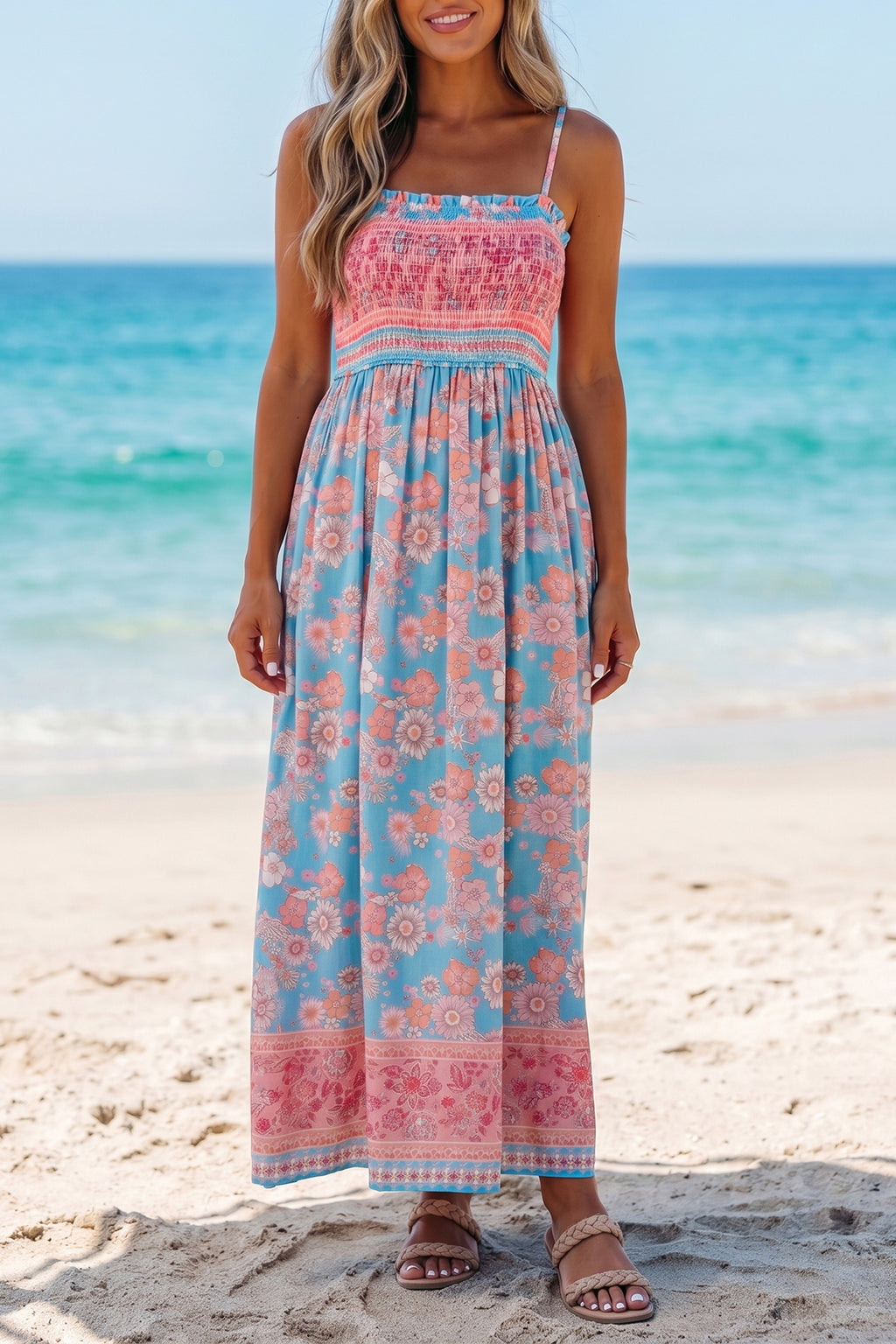 Sky Blue Bohemian Ethnic Print Spaghetti Straps Vacation Maxi Dress