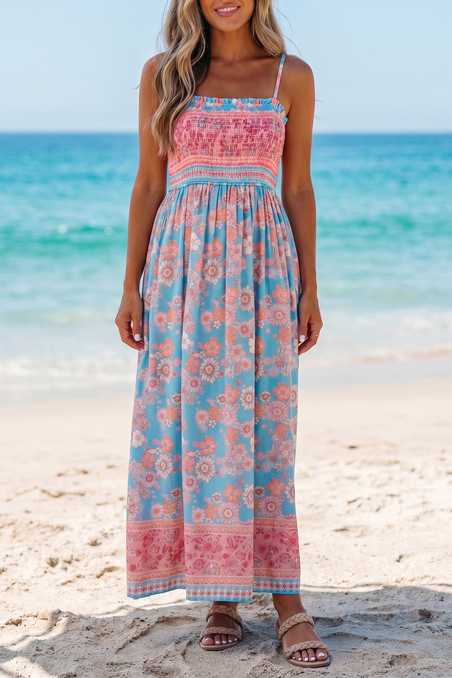 Sky Blue Bohemian Ethnic Print Spaghetti Straps Vacation Maxi Dress