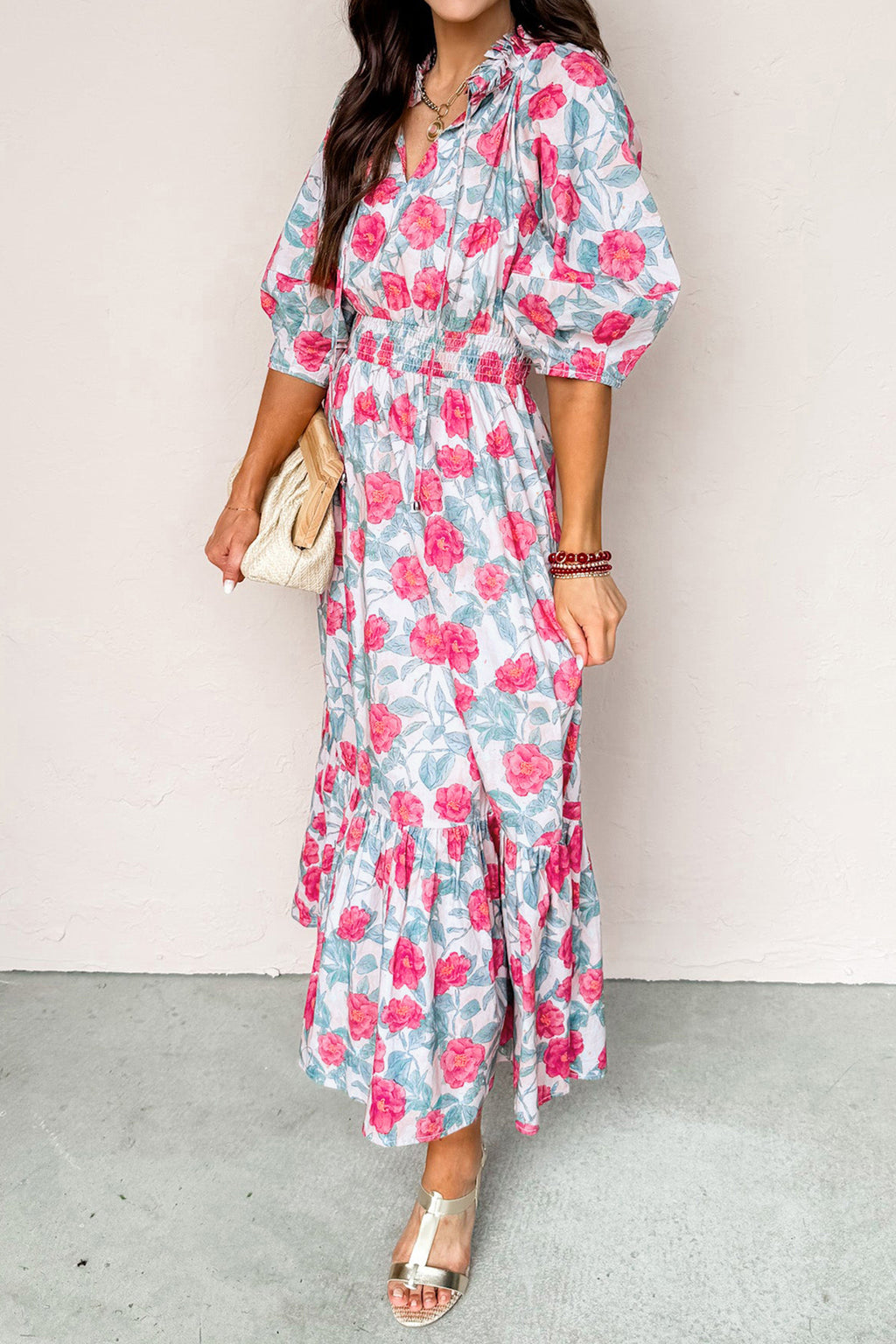 Red Elegant Floral Puff Sleeve Midi Dress