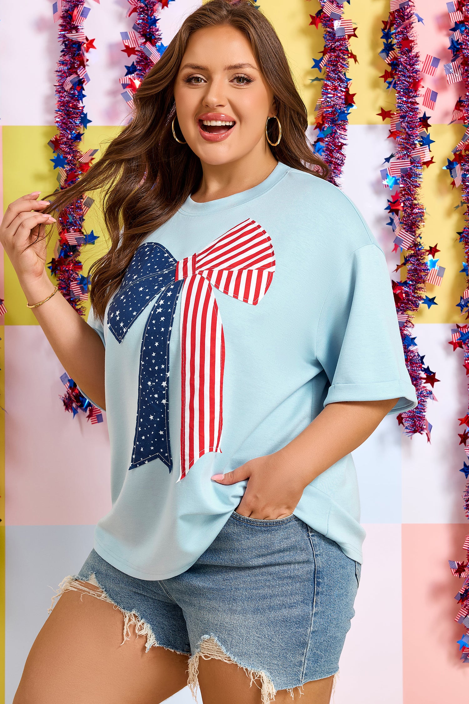 Beau Blue Plus Size Patriotic Bow Patchwork Graphic T-Shirt