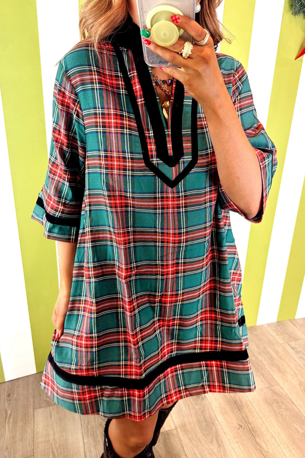 Green Plaid Velvet Trim Pockets Short Shift Dress