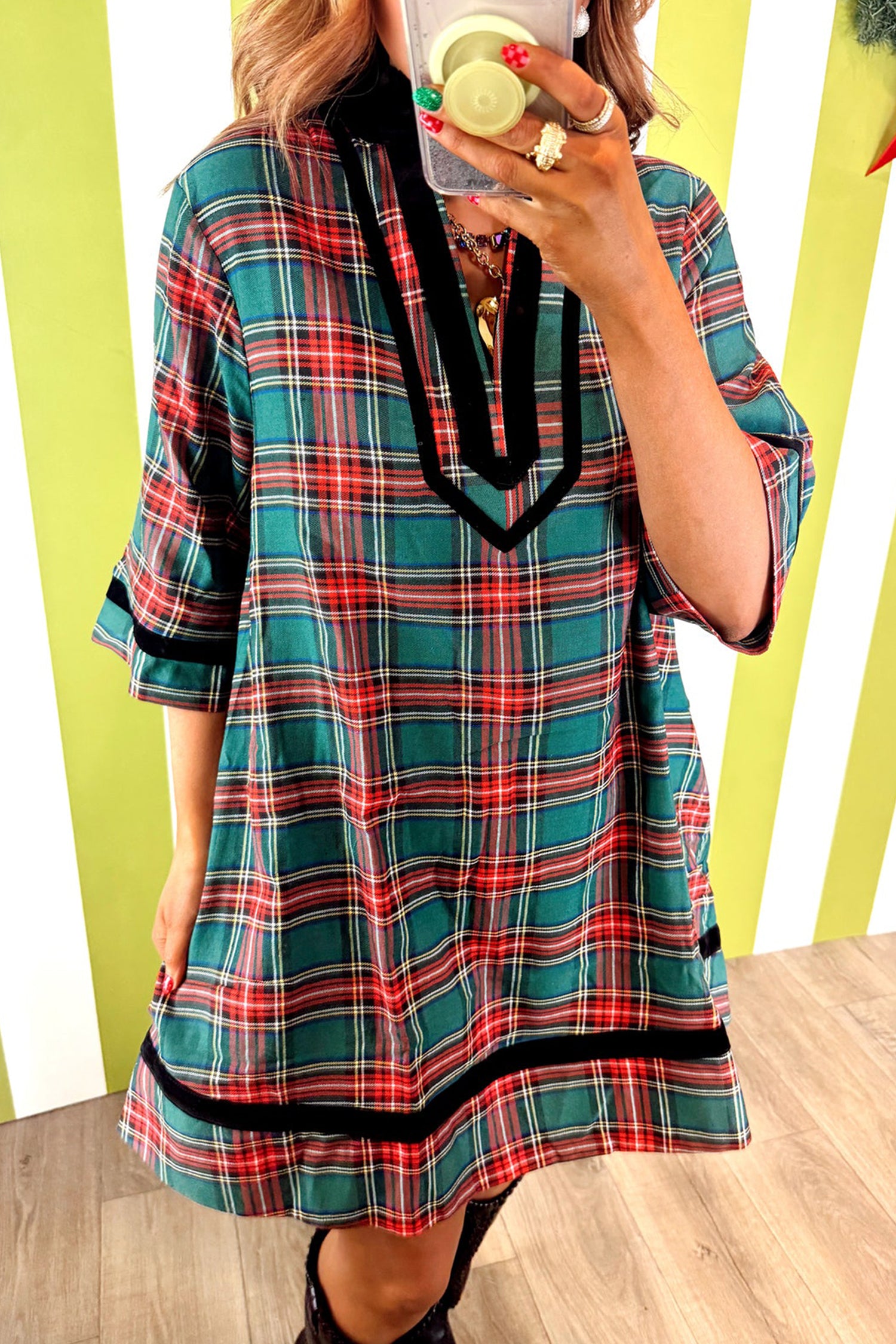 Green Plaid Velvet Trim Pockets Short Shift Dress