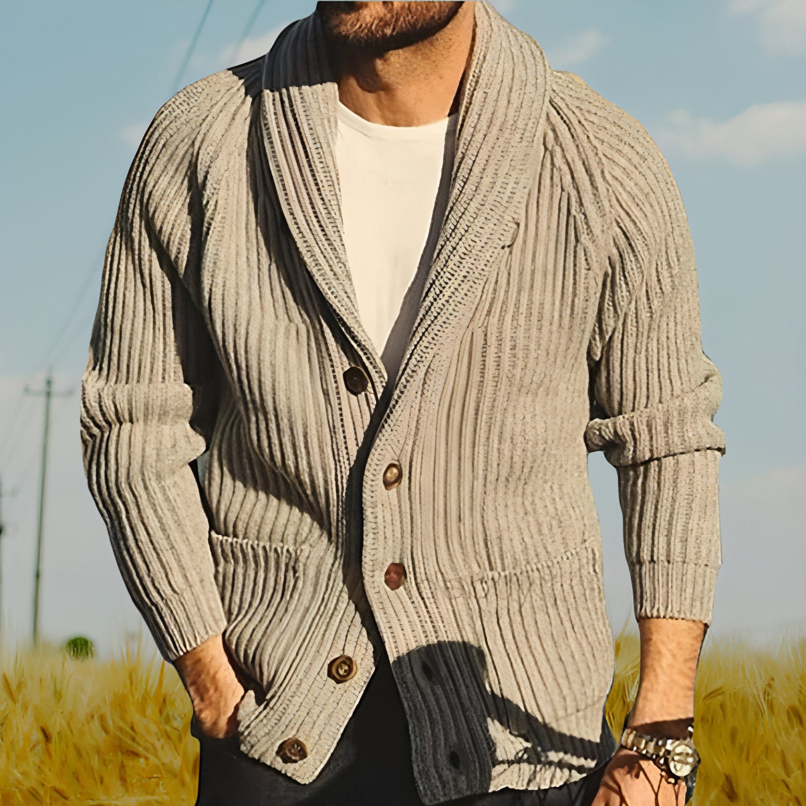 Mäns Lapel Sticking Cardigan Fashion Button tröja med fickor Outwear Långärmad översta våren hösten