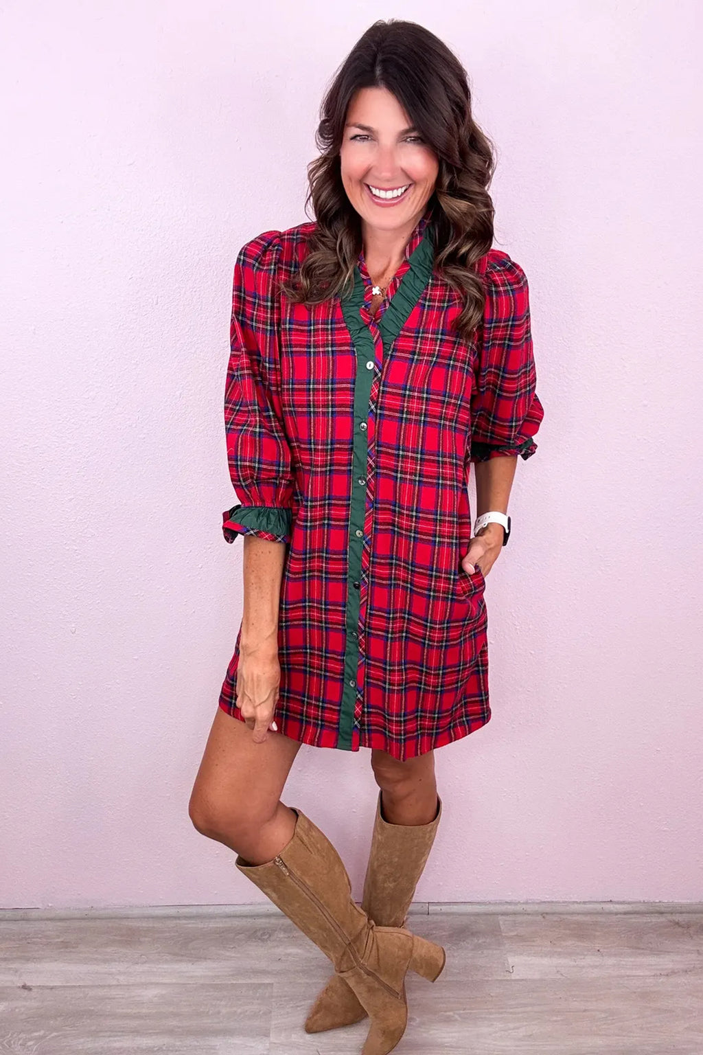 Red Plaid Ruffle Cuff Button Front Pocket Mini Dress