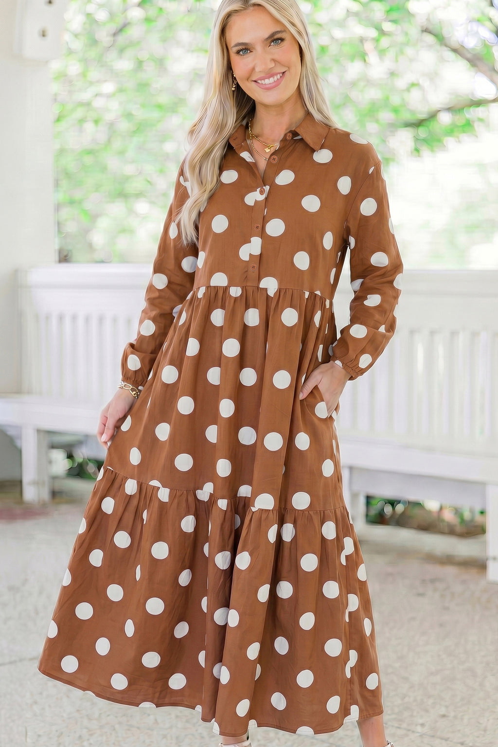 Brown Polka Dot Button Front Long Sleeve Shift Dress