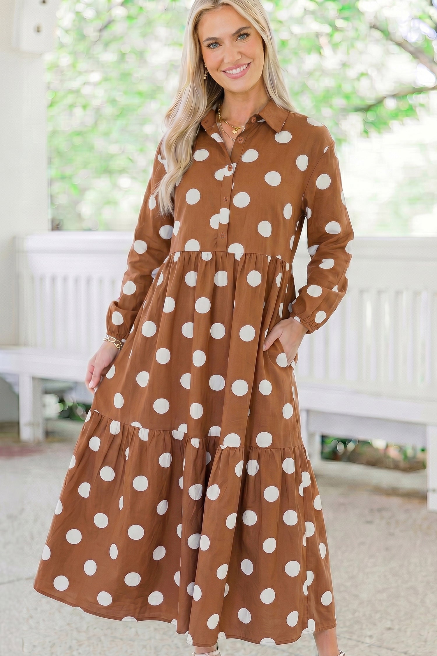 Brown Polka Dot Button Front Long Sleeve Shift Dress