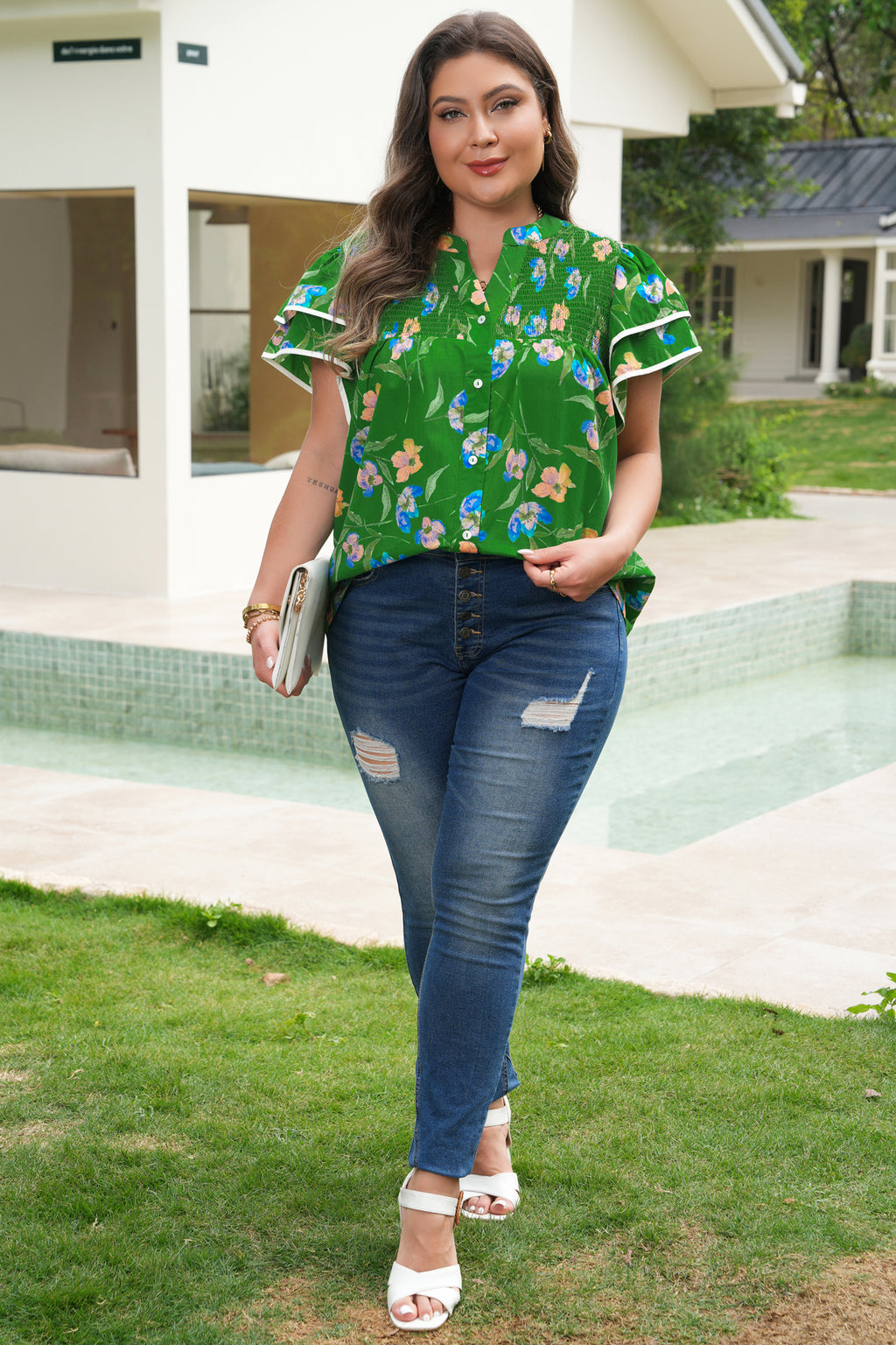 Green Plus Size Ruffled Short Sleeve Floral Top