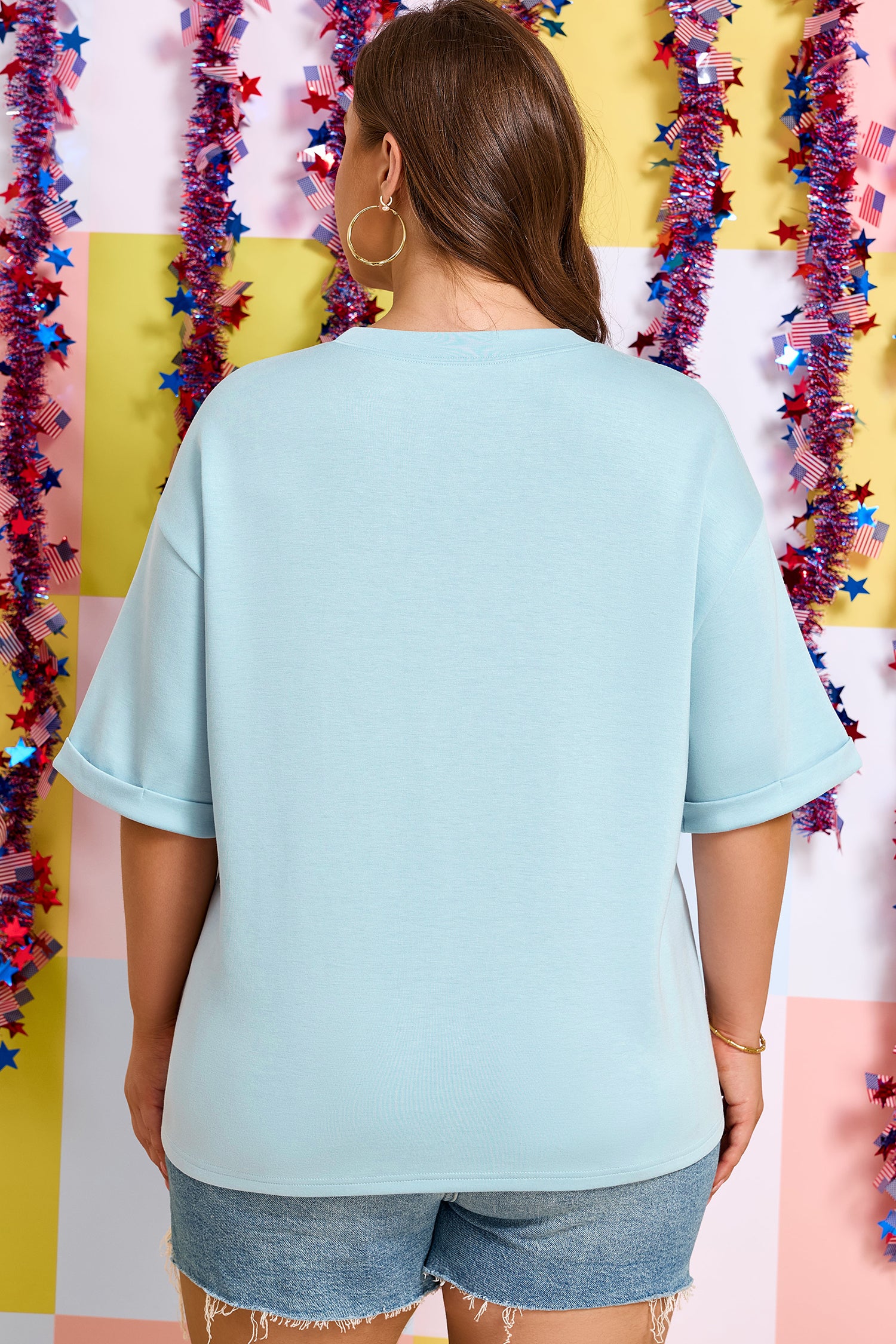 Beau Blue Plus Size Patriotic Bow Patchwork Graphic T-Shirt