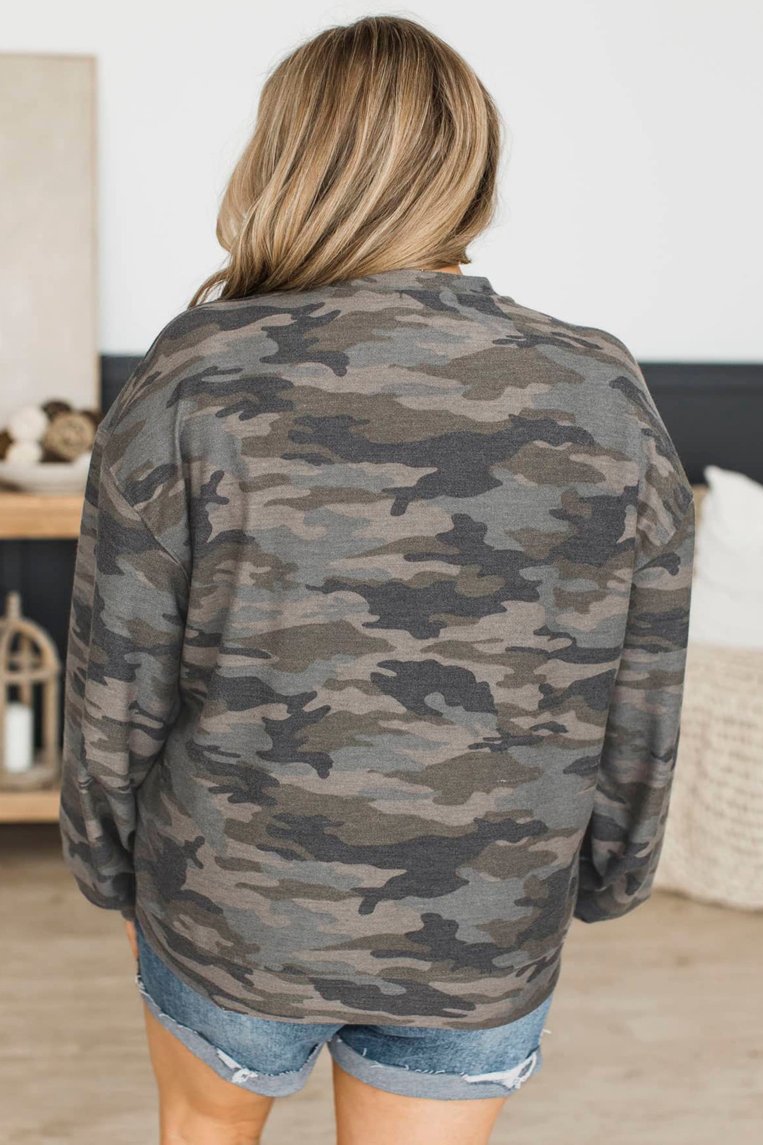 Green Camo Print Long Sleeve Plus Size Blouse