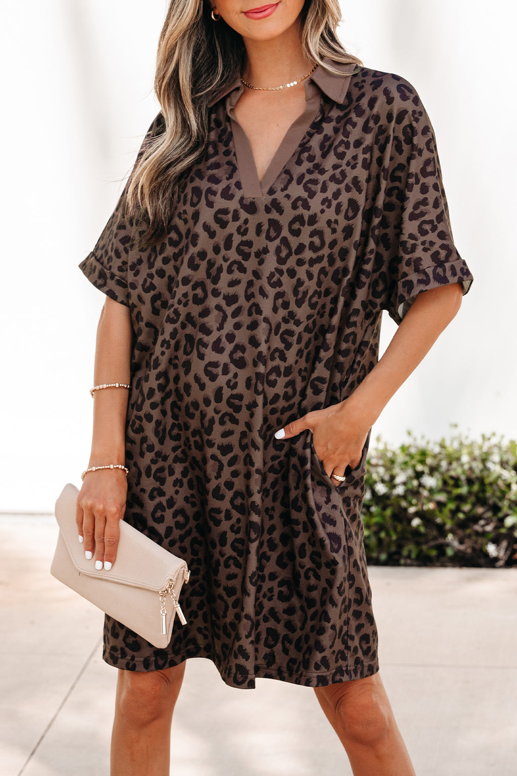 Brown Leopard Print Contrast Collar V-Neck Mini Dress