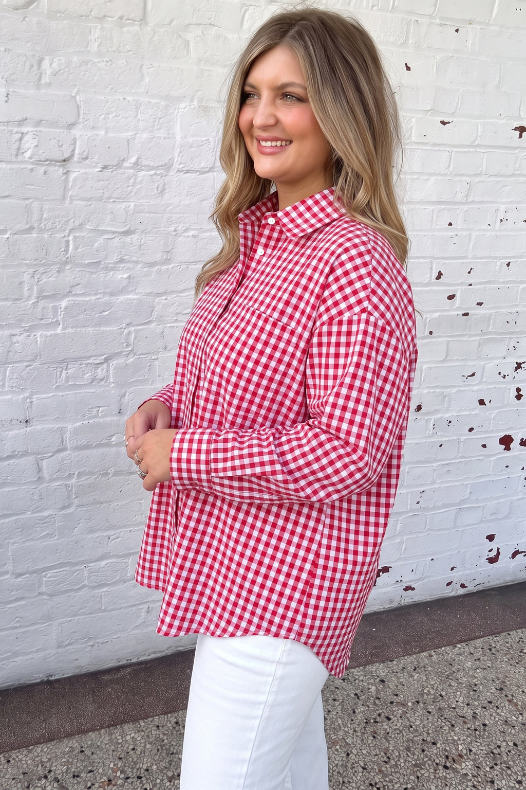 Red Plaid V Neck Long Sleeve Tunic Loose Fit Plus Size Shirt