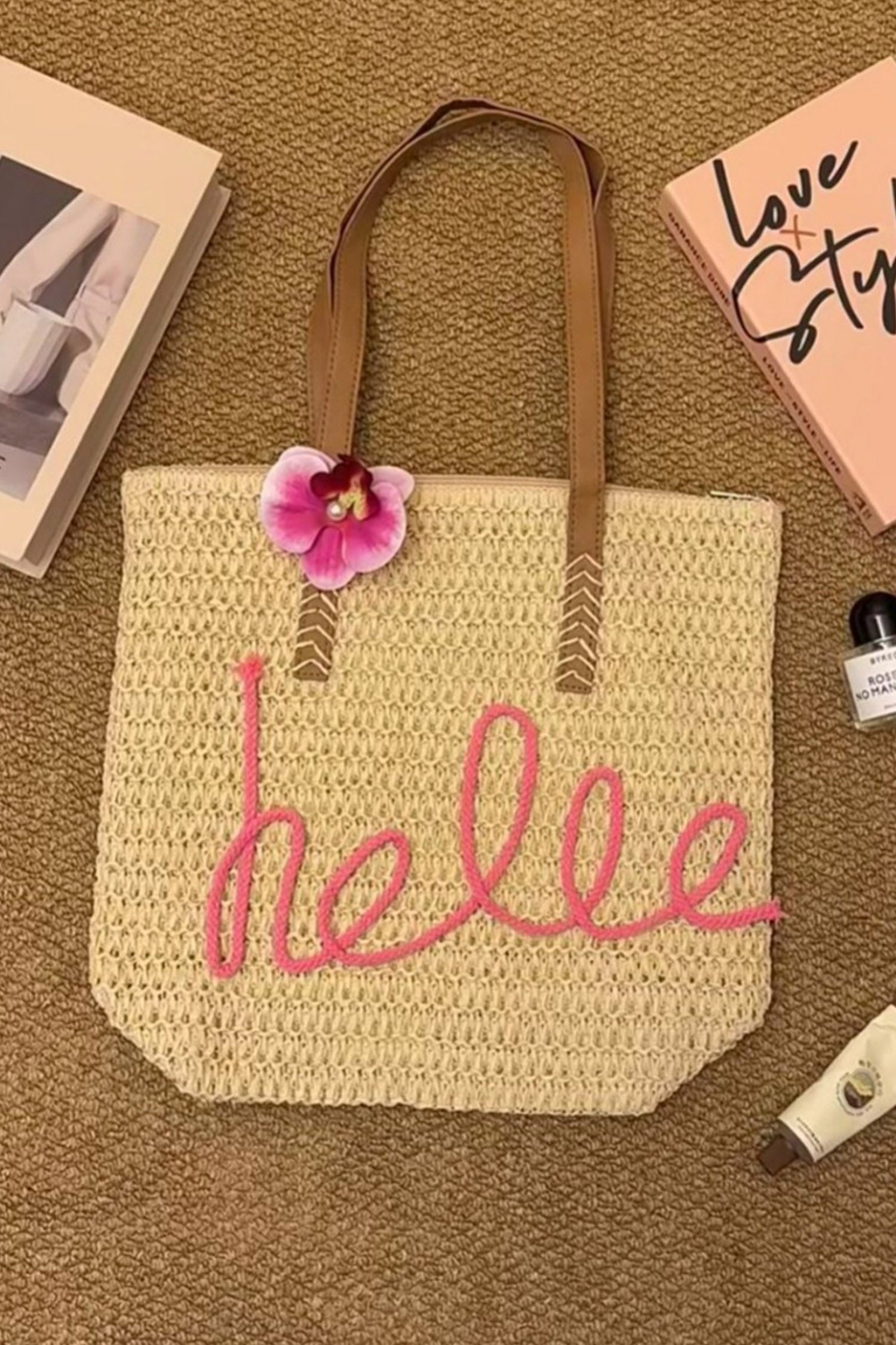 Khaki Hello Boho Handwoven Floral Accent Travel Tote Bag