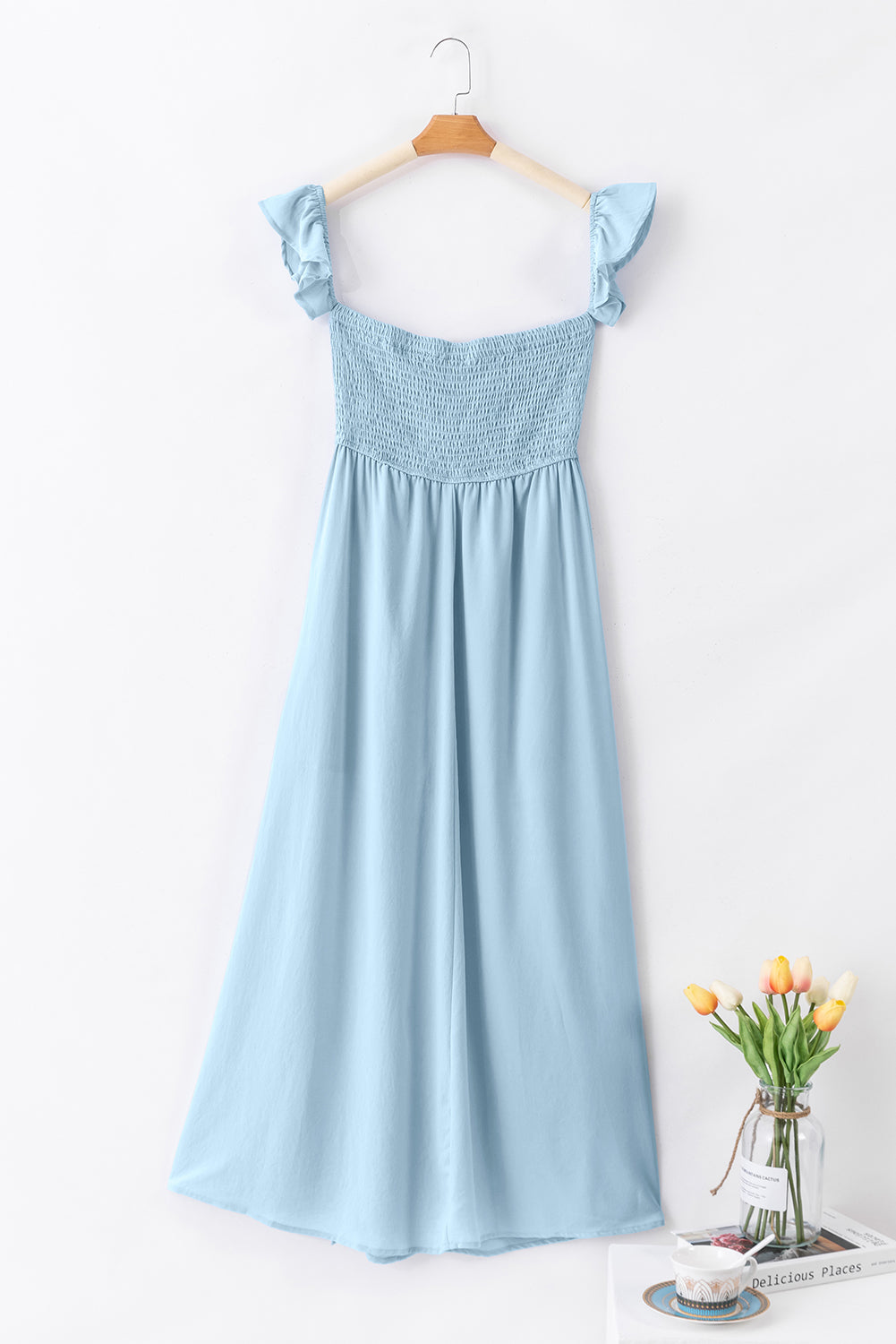 Sky Blue Off Shoulder Ruched Bust Sheer Slit Maxi Dress