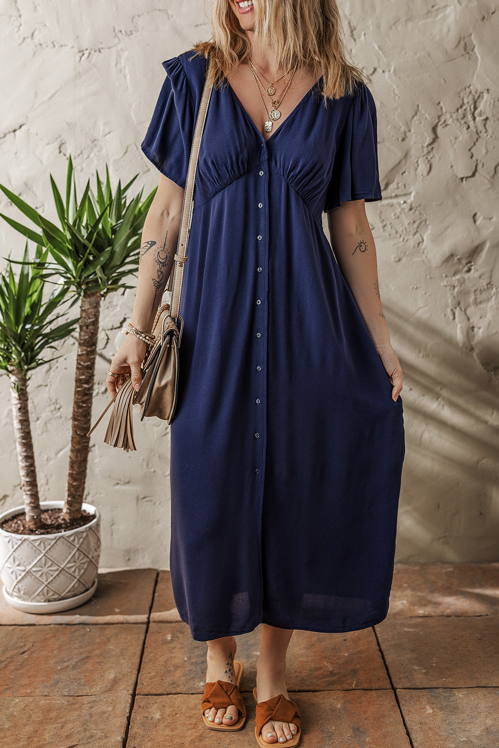 Navy Blue V Neck Buttoned Front Shirred Back Short Sleeve Midi Dress