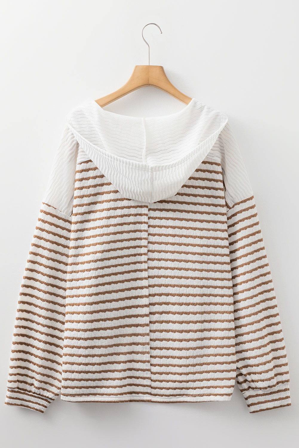 Khaki Stripe Buttoned V Neck Textured Hooded Plus Size Top