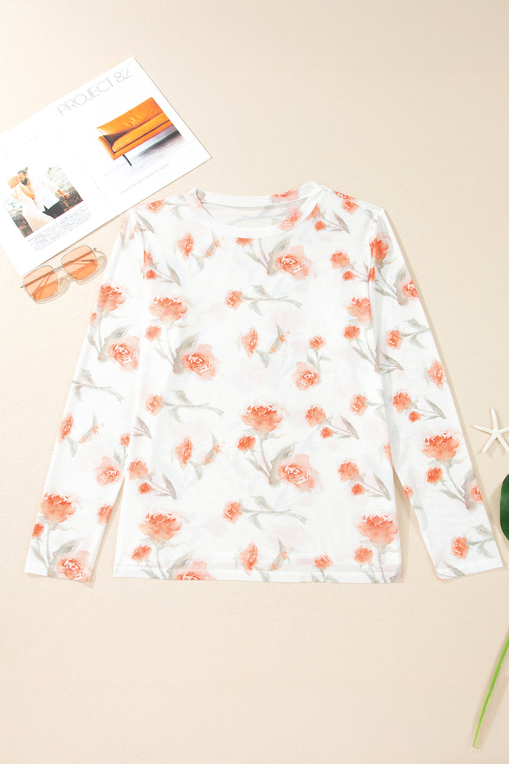 Red Plus Size Floral Print Sheer Mesh Long Sleeve Top