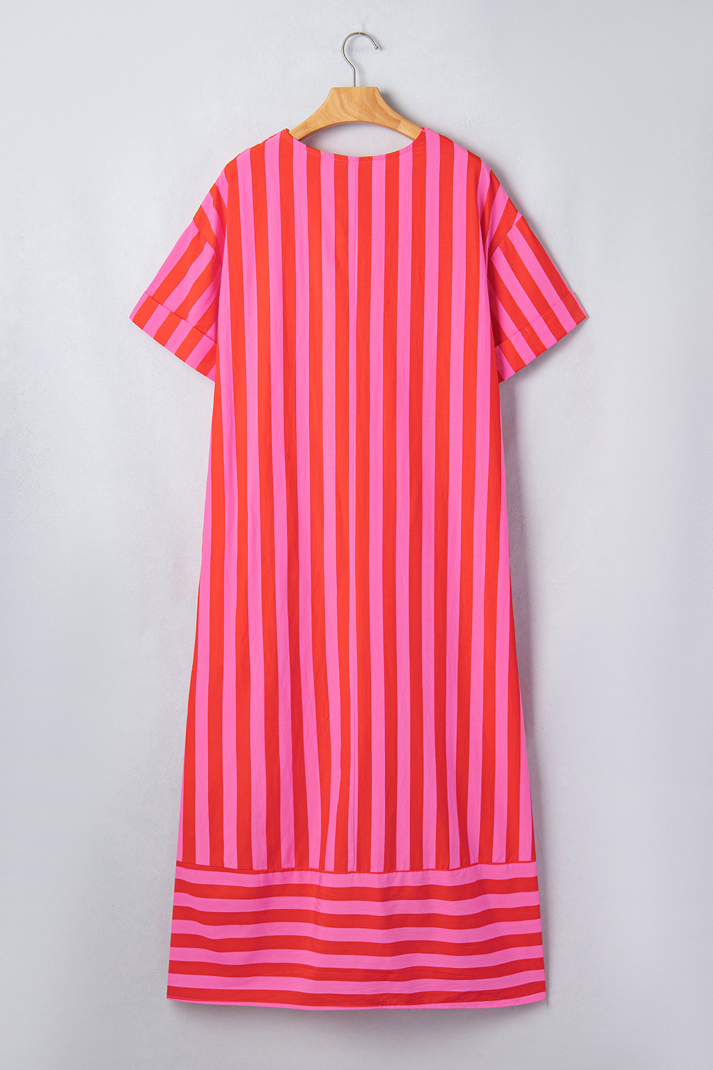 Red Stripe V Neck Cuffed Sleeve Relaxed Split Midi Dress