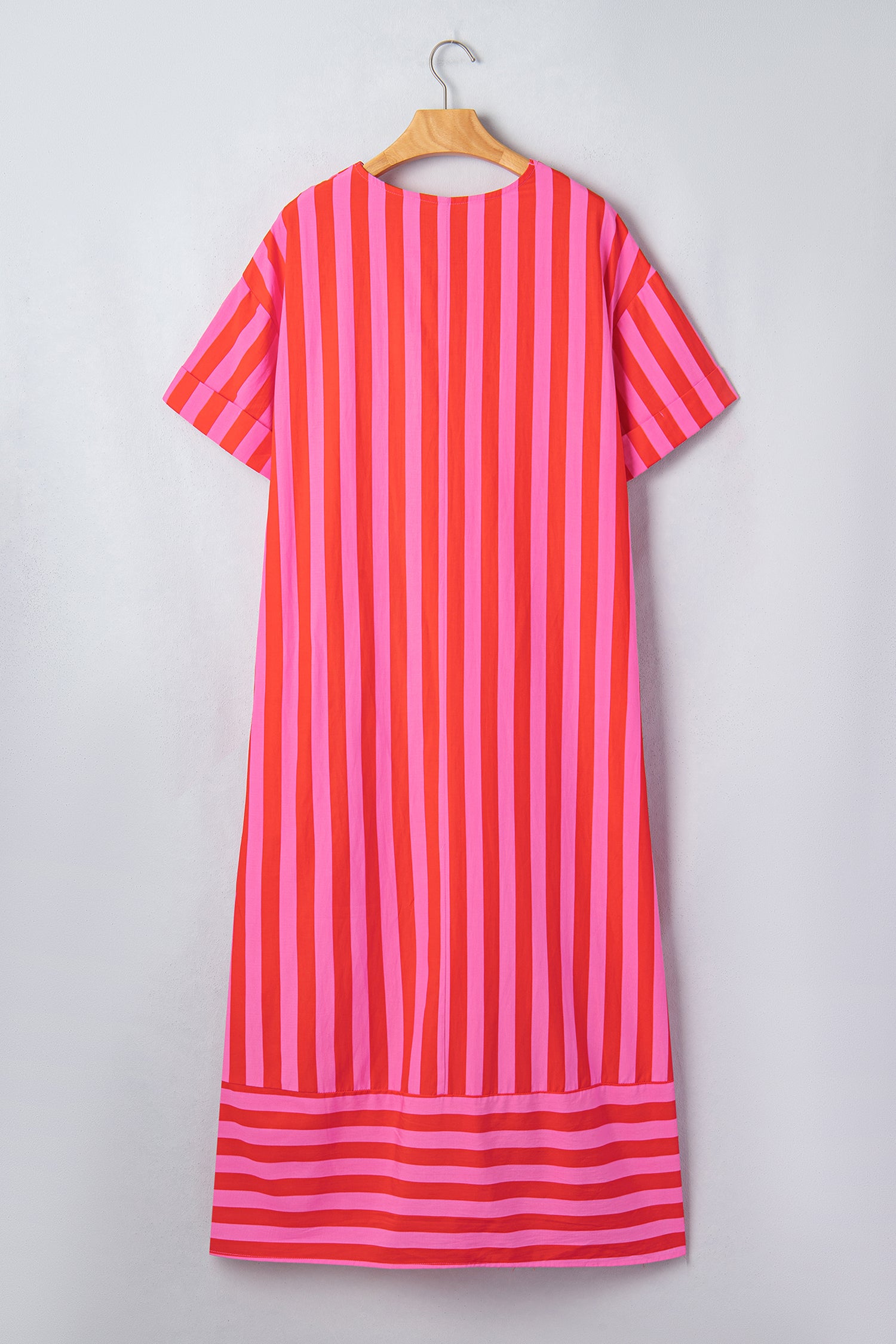 Red Stripe V Neck Cuffed Sleeve Relaxed Split Midi Dress