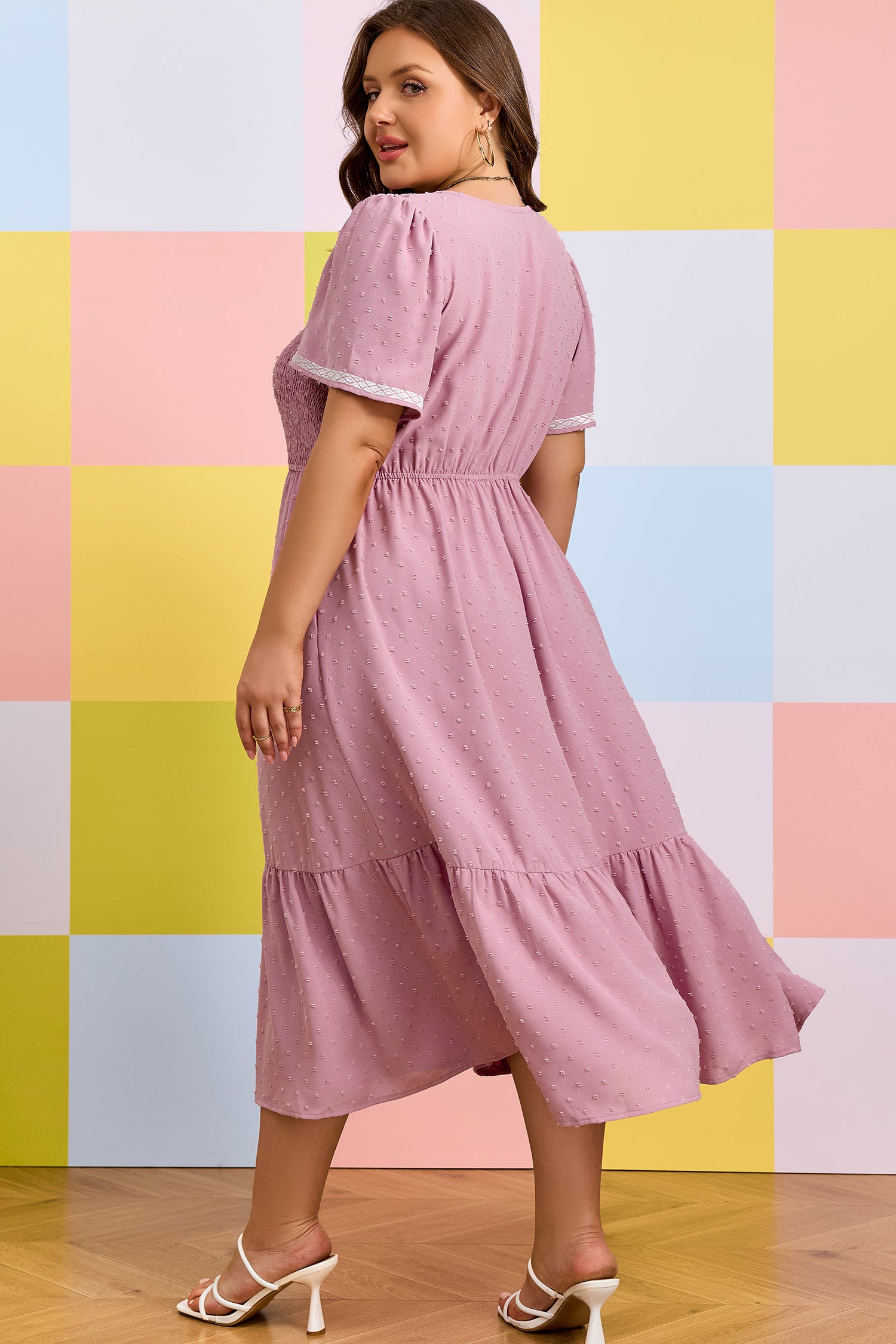 Pink Plus Size Swiss Dot Short Sleeve Smocked High Waist Flowy Midi Dress