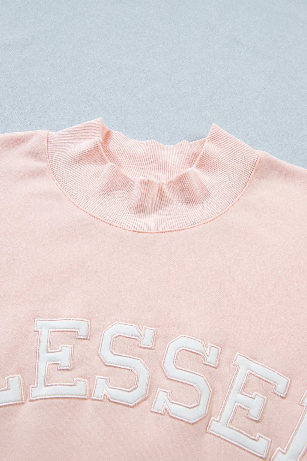 Light Pink BLESSED Embroidered Trim Patch Graphic Plus Size Mock Neck Sweatshirt