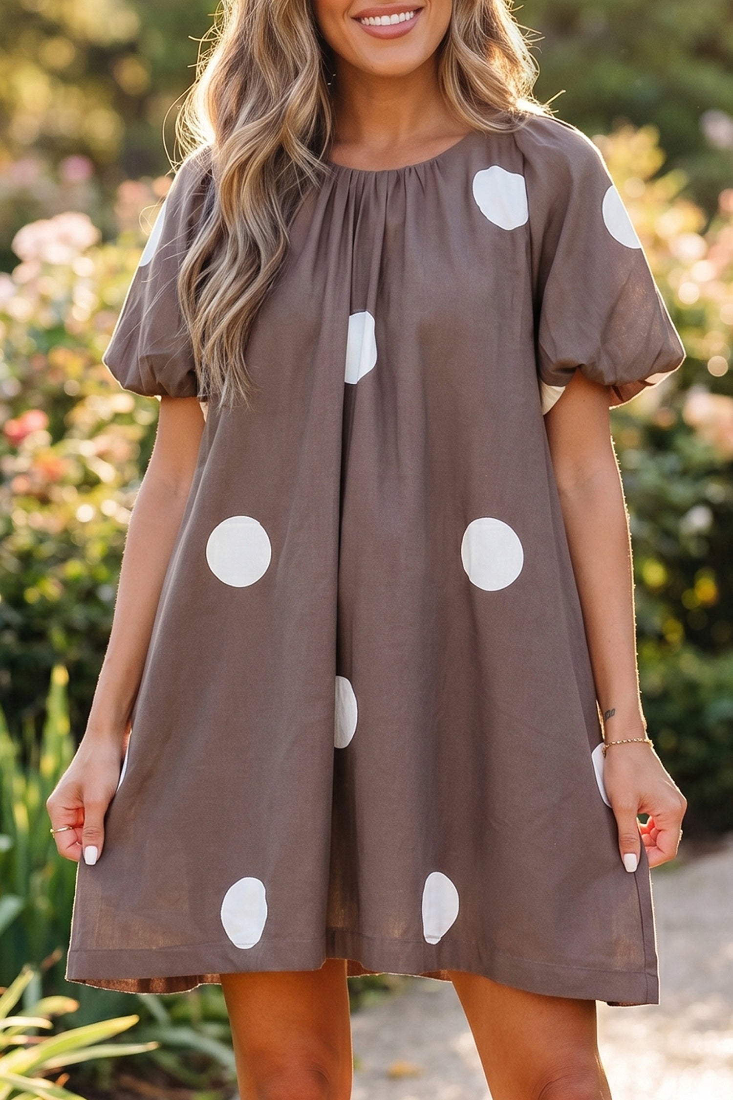 Brown Polka Dot Print Knot Back Short Puff Sleeve Loose Mini Dress