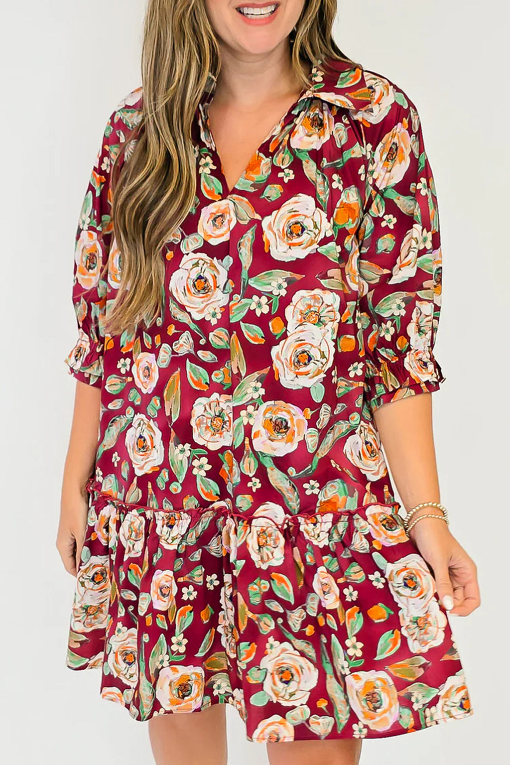 Red Floral Print Half Sleeve Short Shift Dress