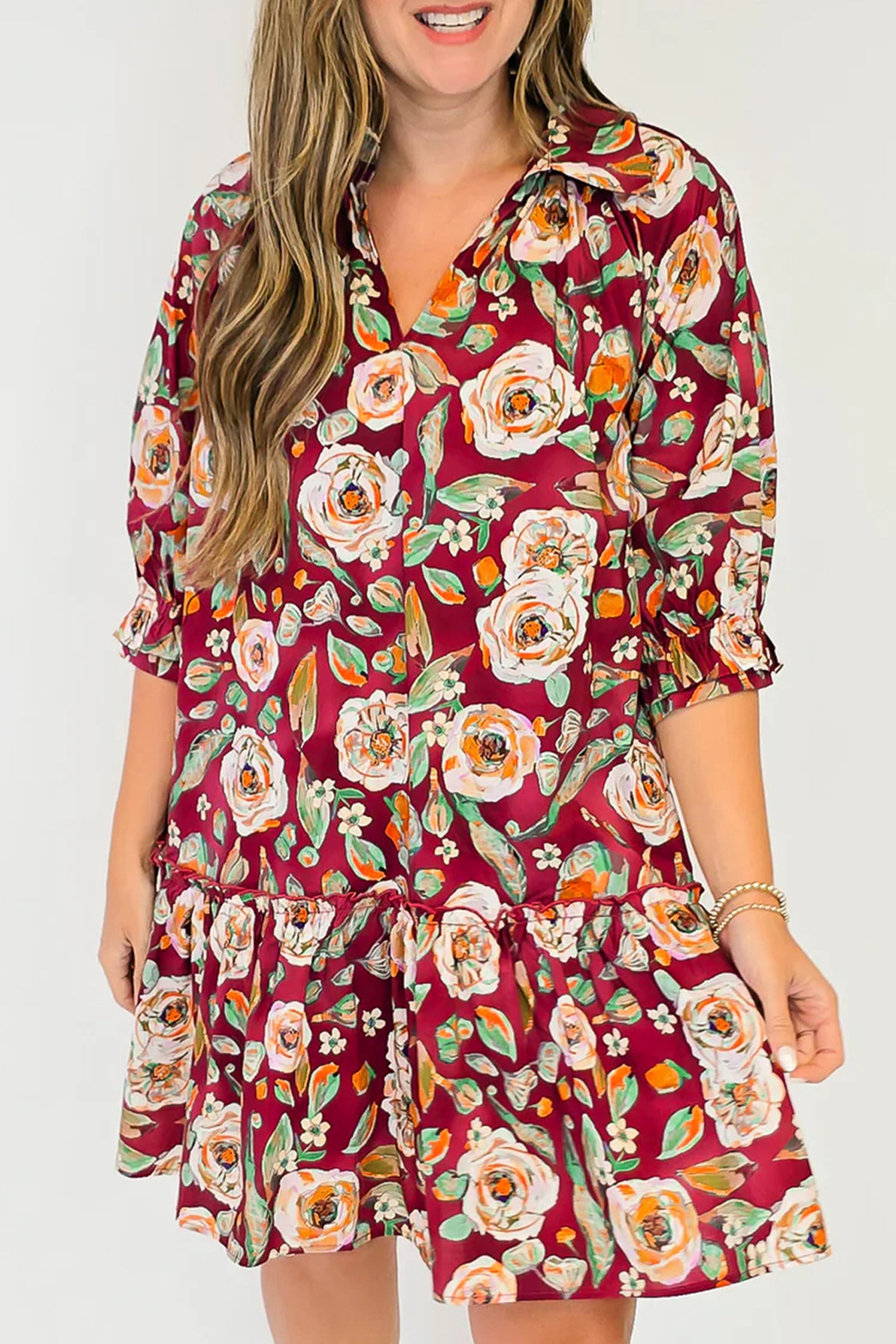 Red Floral Print Half Sleeve Short Shift Dress