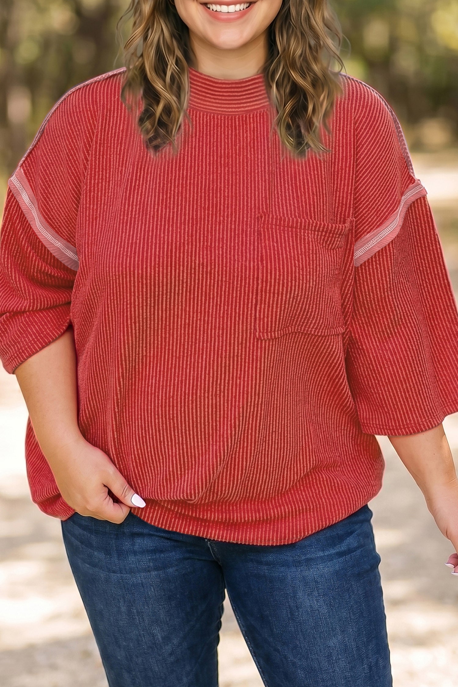 Fiery Red Twist Ribbed Tunic Round Neck Bracelet Sleeve Plus Size Blouse