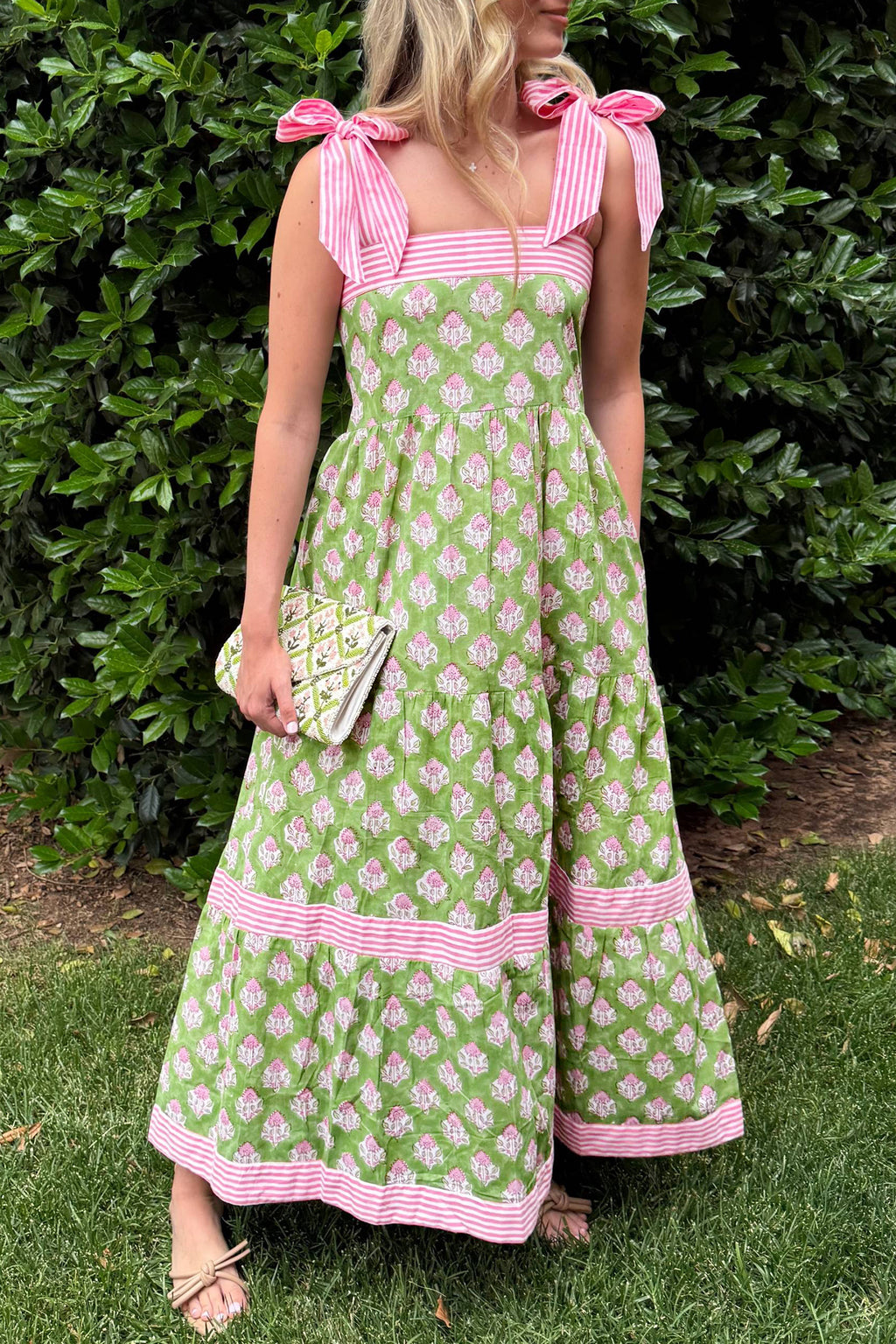 Green Floral Print Striped Detail Knot Straps Maxi Dress