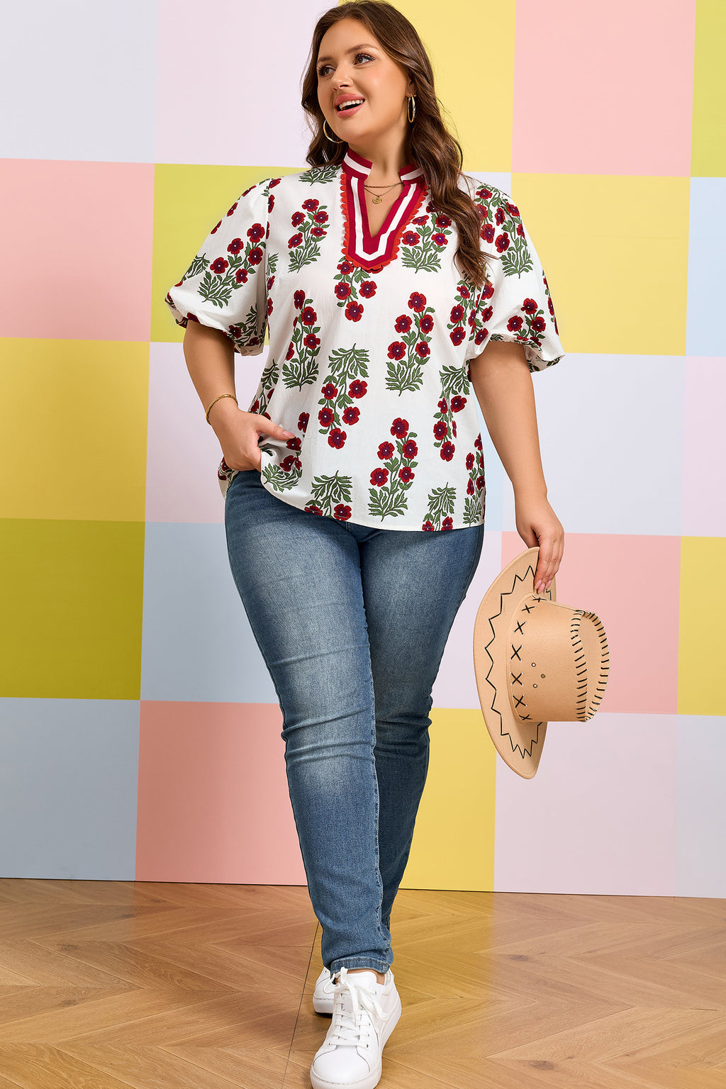 White Plus Size Floral Print Ricrac Striped Trim Short Sleeve Cotton Blouse