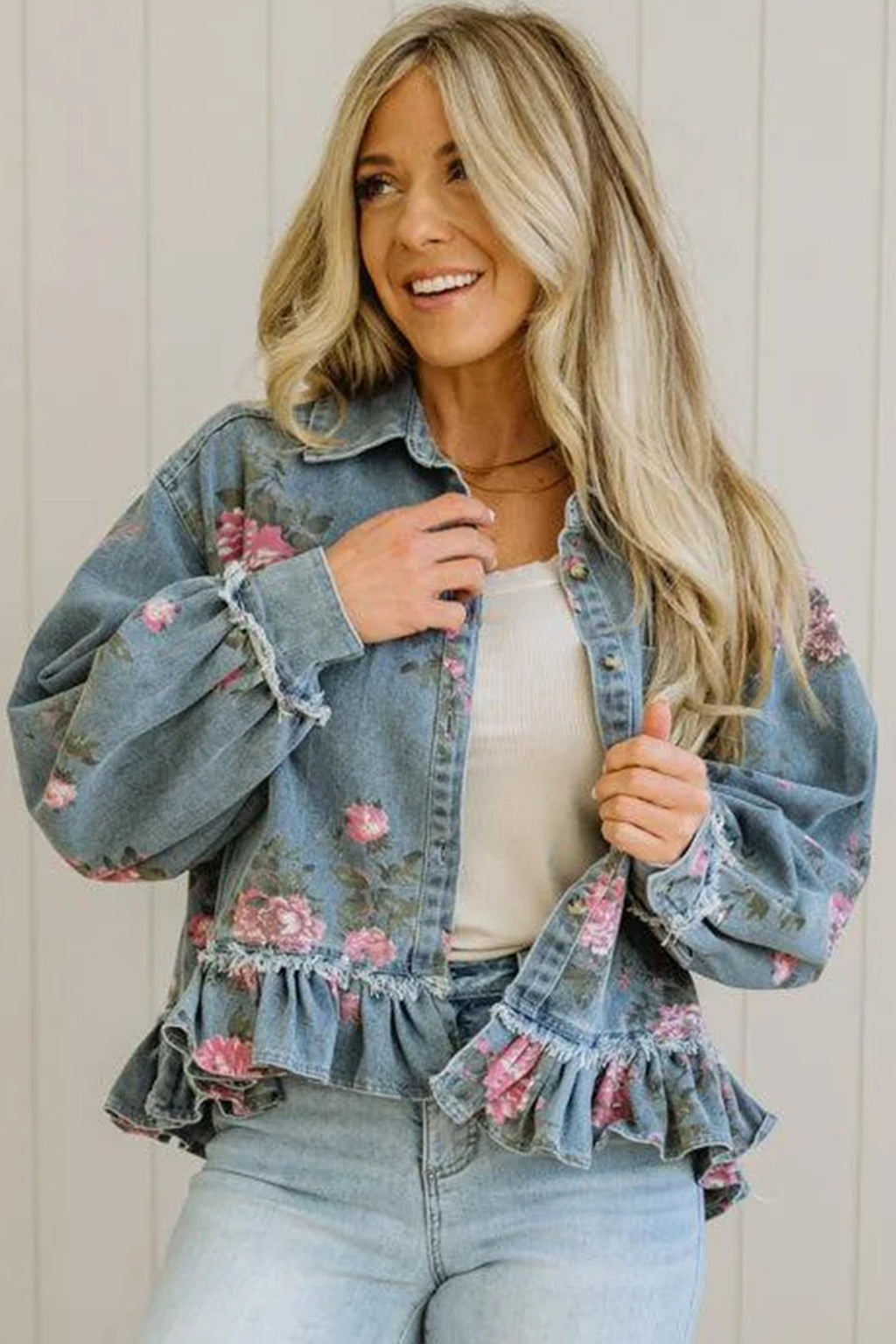 Sky Blue Floral Print Raw Seam Ruffle Hem Denim Jacket