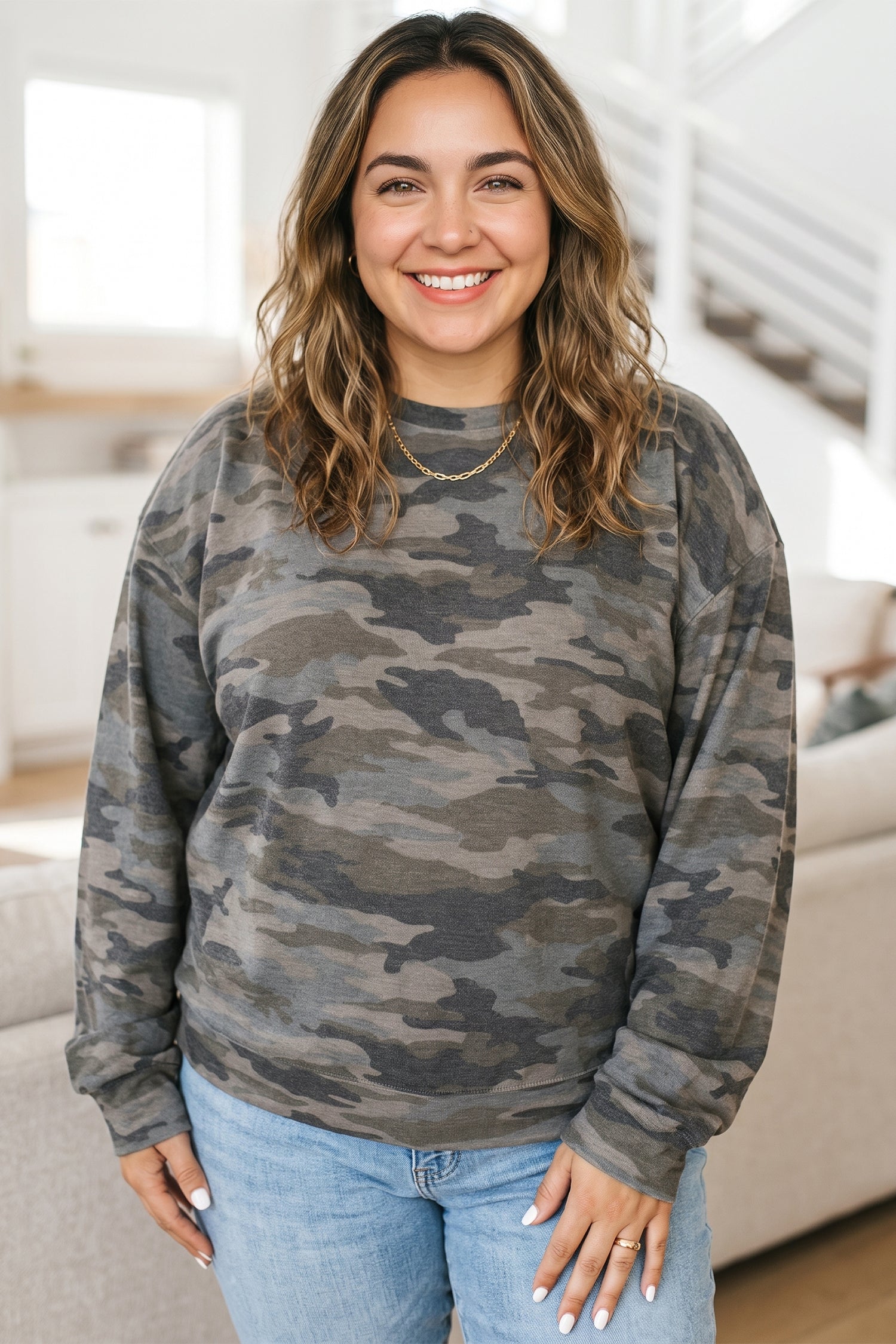 Green Camo Print Long Sleeve Plus Size Blouse