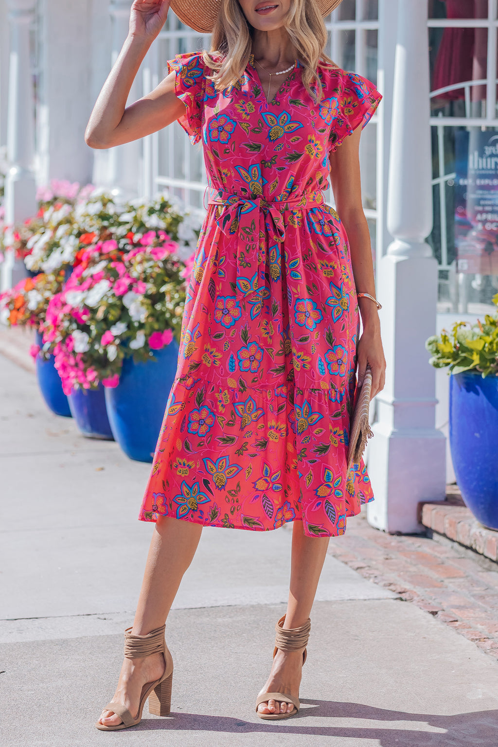 Rose Flutter Sleeve Belted Floral Long Dress