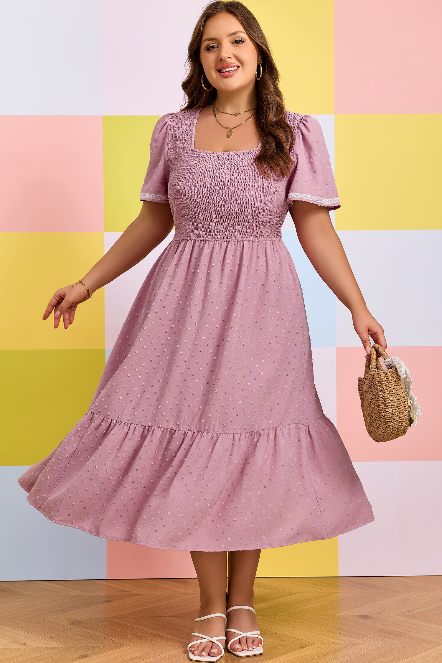 Pink Plus Size Swiss Dot Short Sleeve Smocked High Waist Flowy Midi Dress