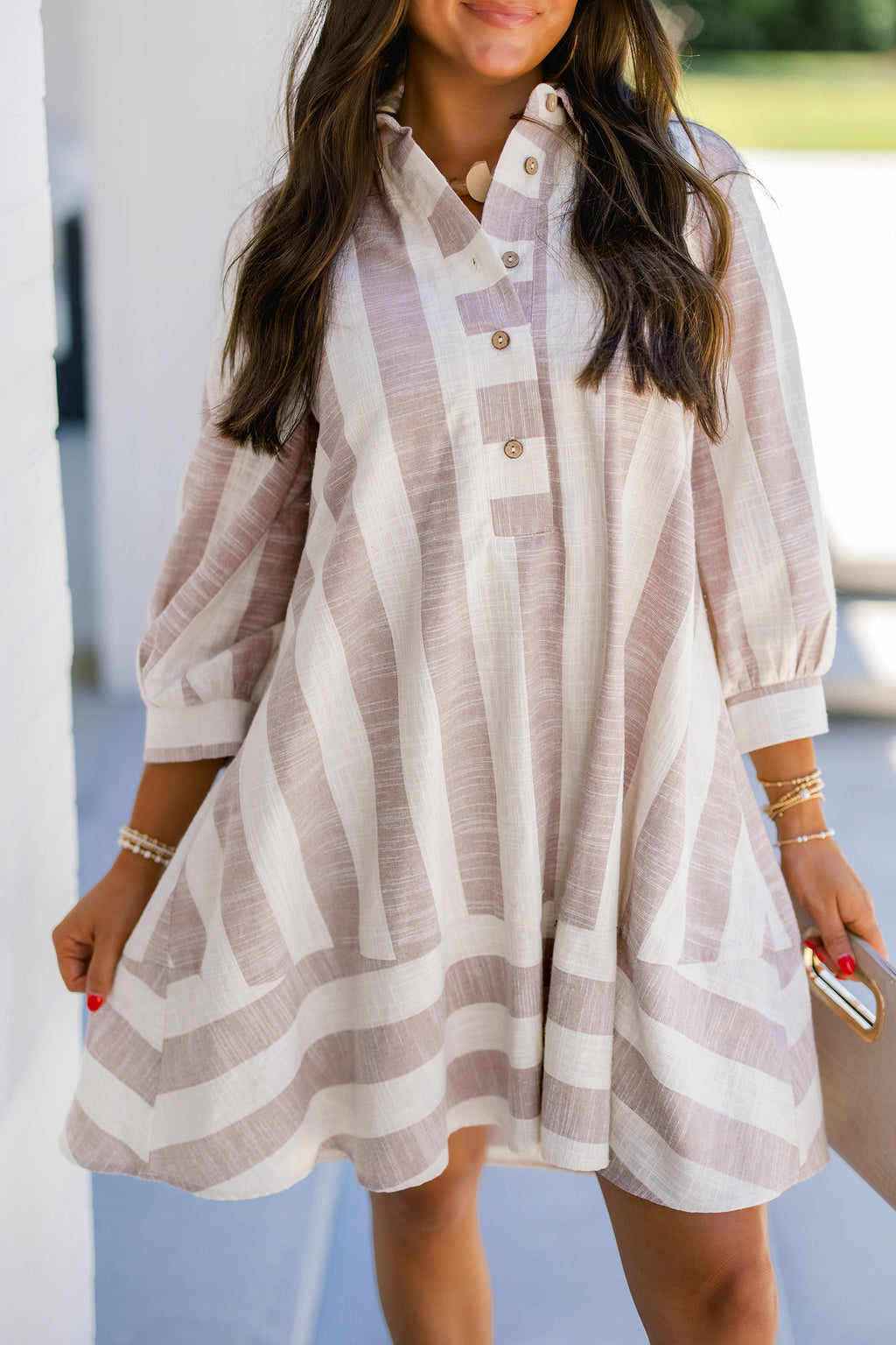 Khaki Stripe Striped Button-Up Three-Quarter Sleeve Short Shift Dress