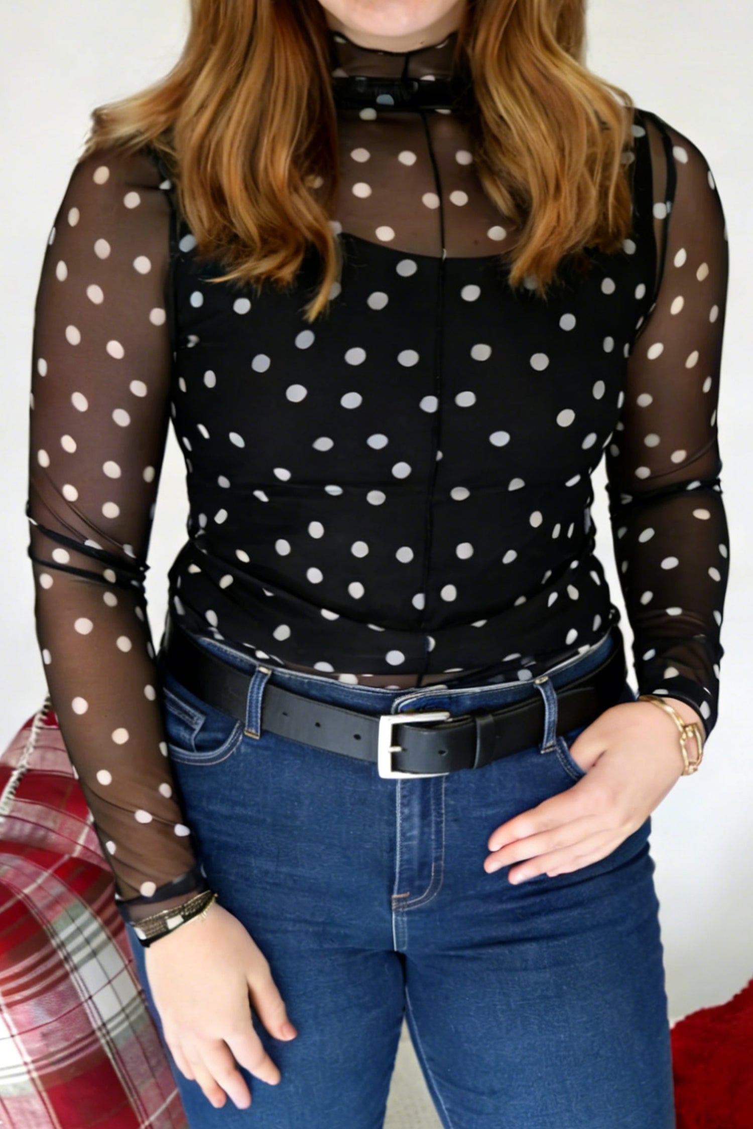 Black Plus Size Mock Neck Polka Dot Long Sleeve Mesh Top