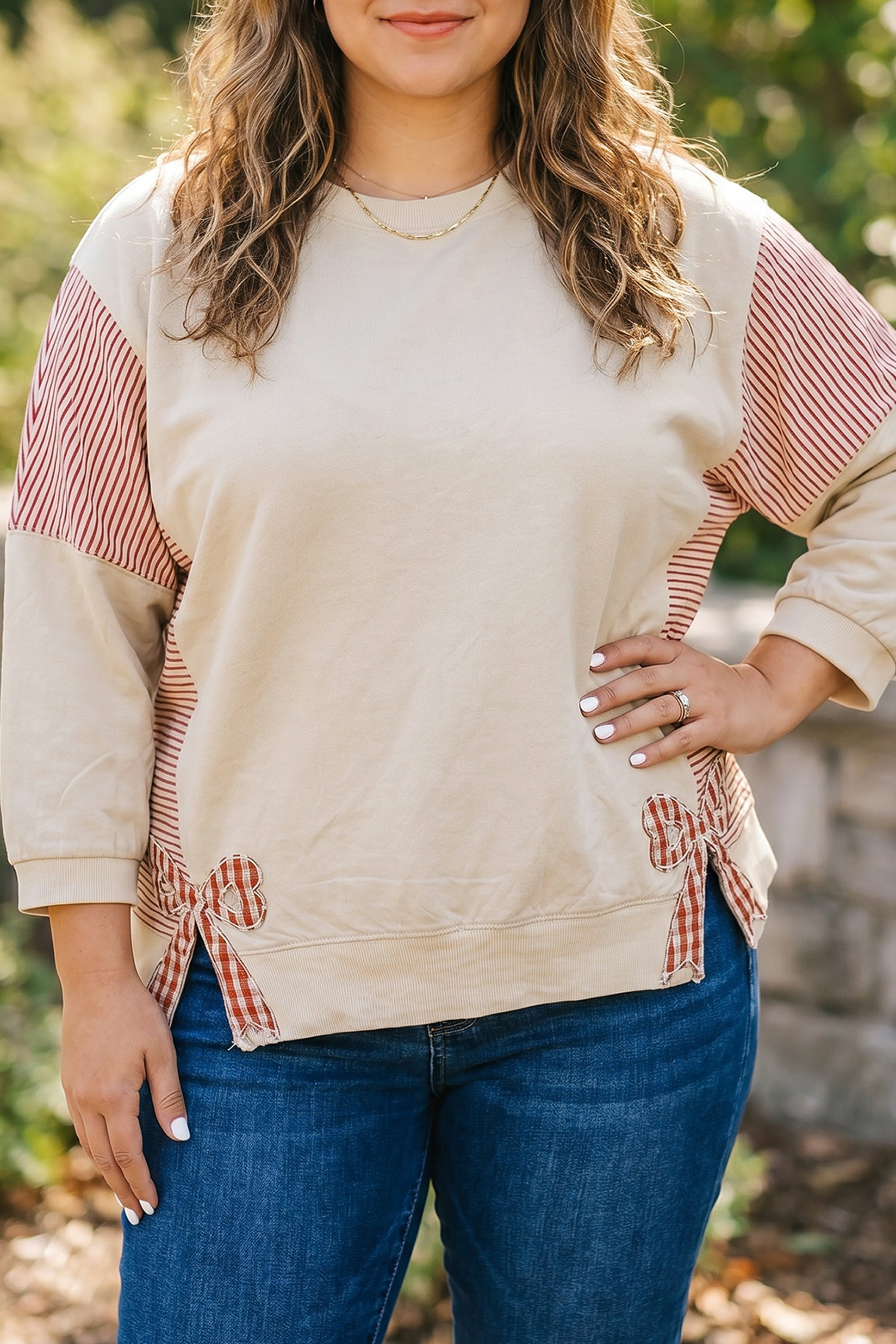 Parchment Striped Colorblock Patchwork Bow Detail Bracelet Sleeve Plus Size Top