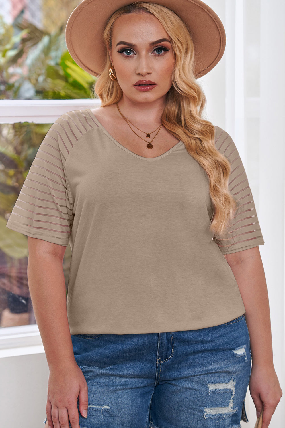 Khaki Striped Raglan Sleeve Plus Size Tee
