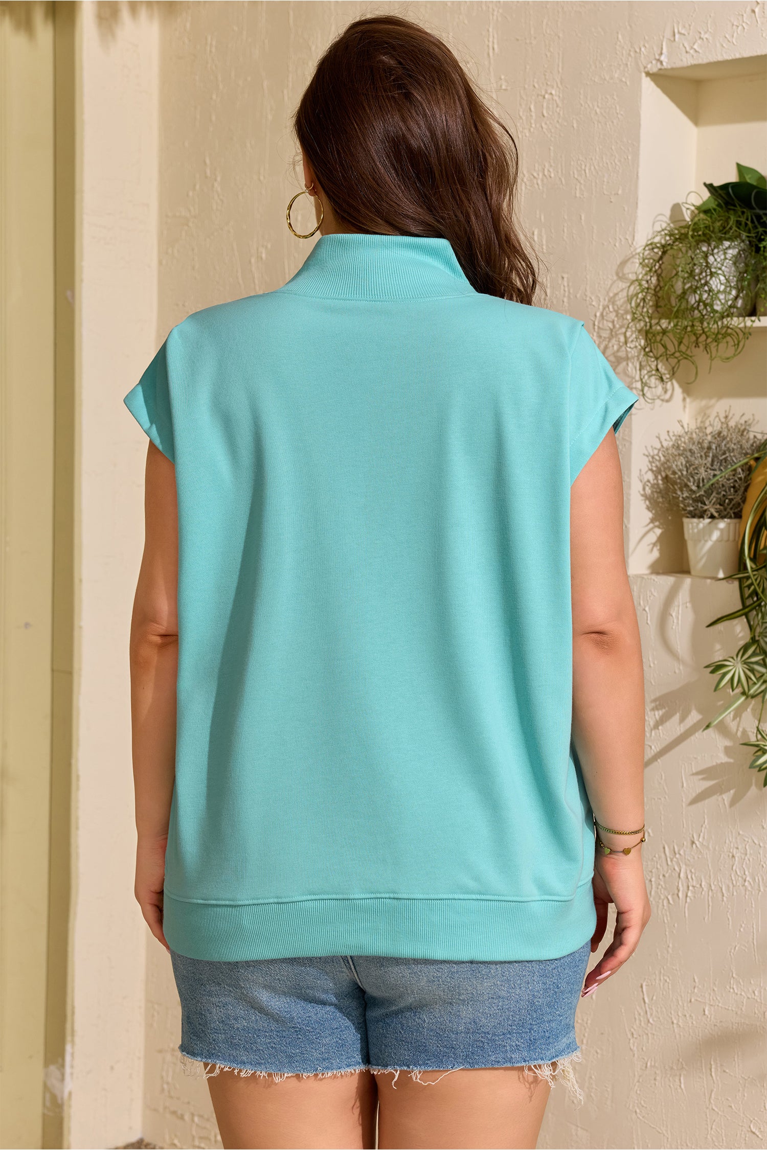 Mint Green Plus Size High Neck Cap Sleeve Top