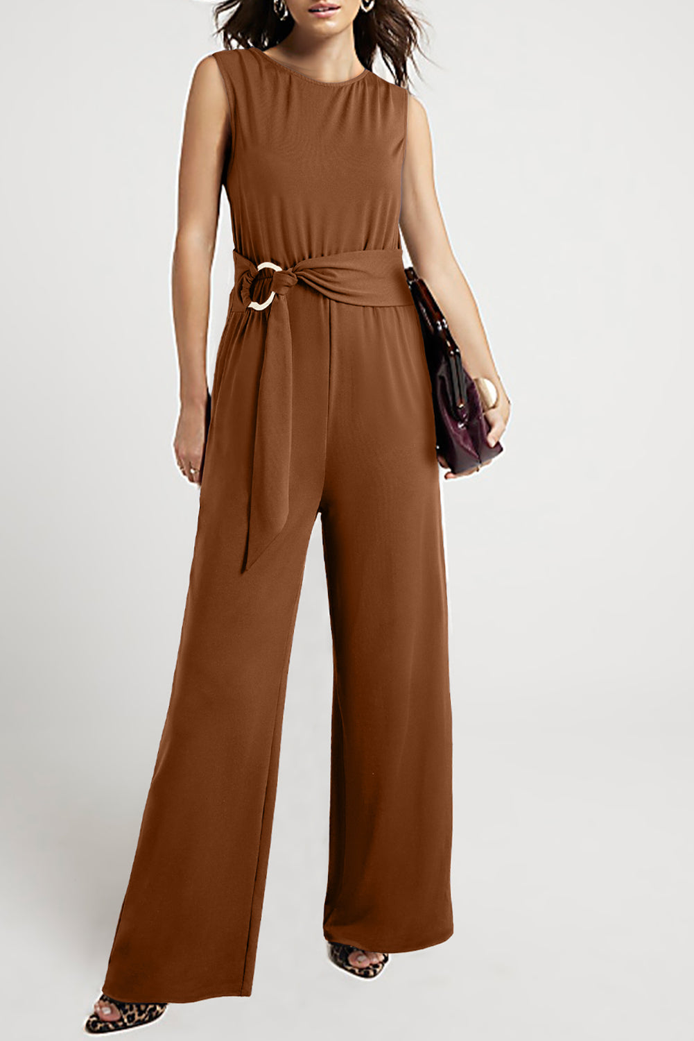 Clay Buckle Sash Detail Sleeveless Loose Jumpsuit