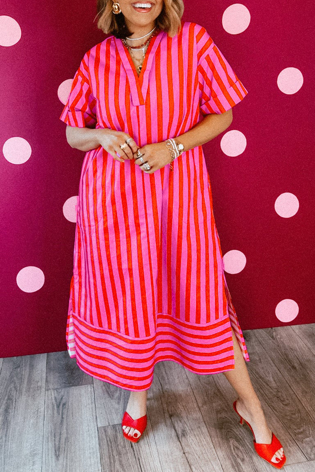 Red Stripe V Neck Cuffed Sleeve Relaxed Split Midi Dress