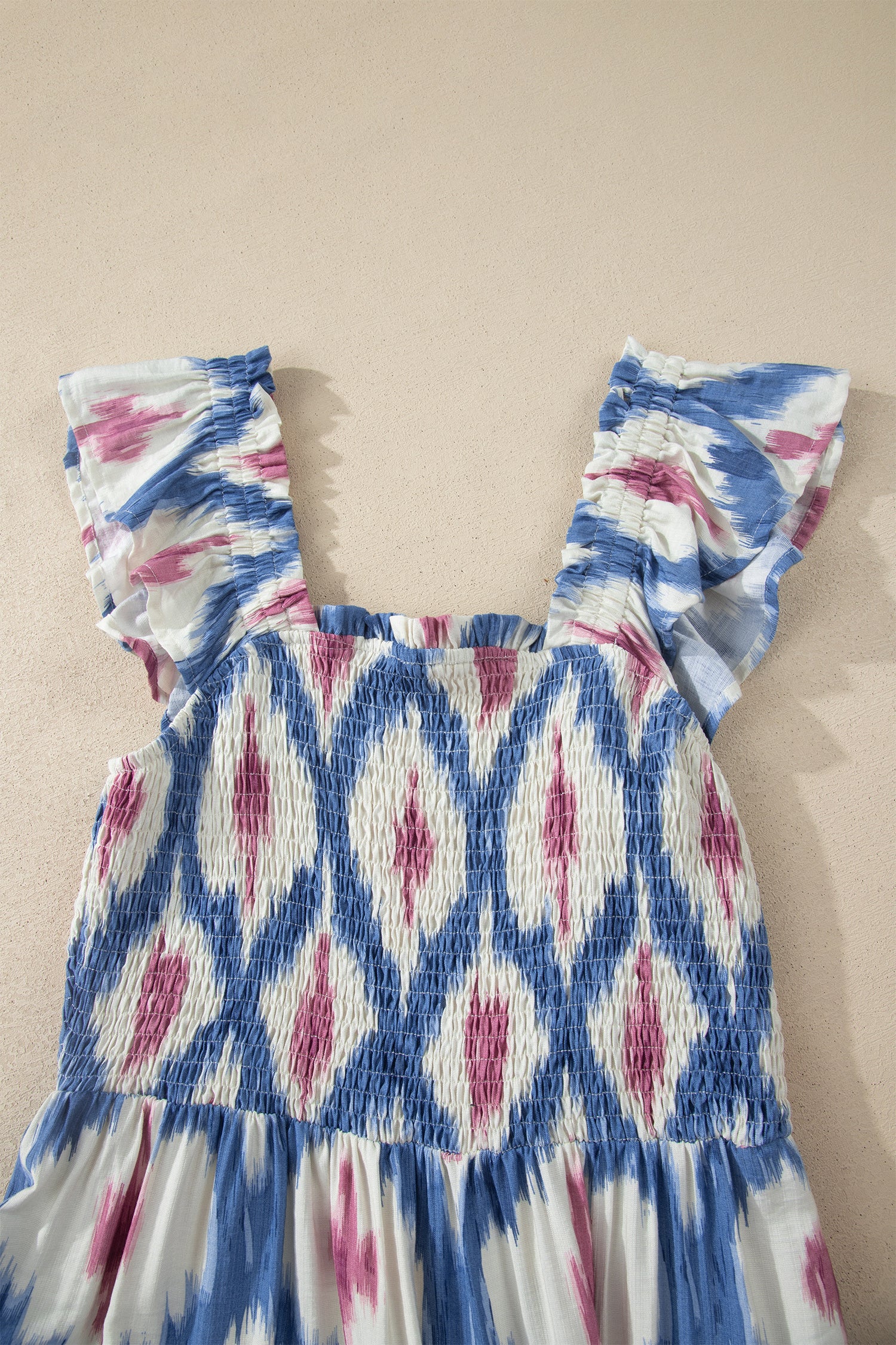 Sky Blue Ethnic Geometric Print Square Neck Smocked High Waist Ruffle Sleeve Dress