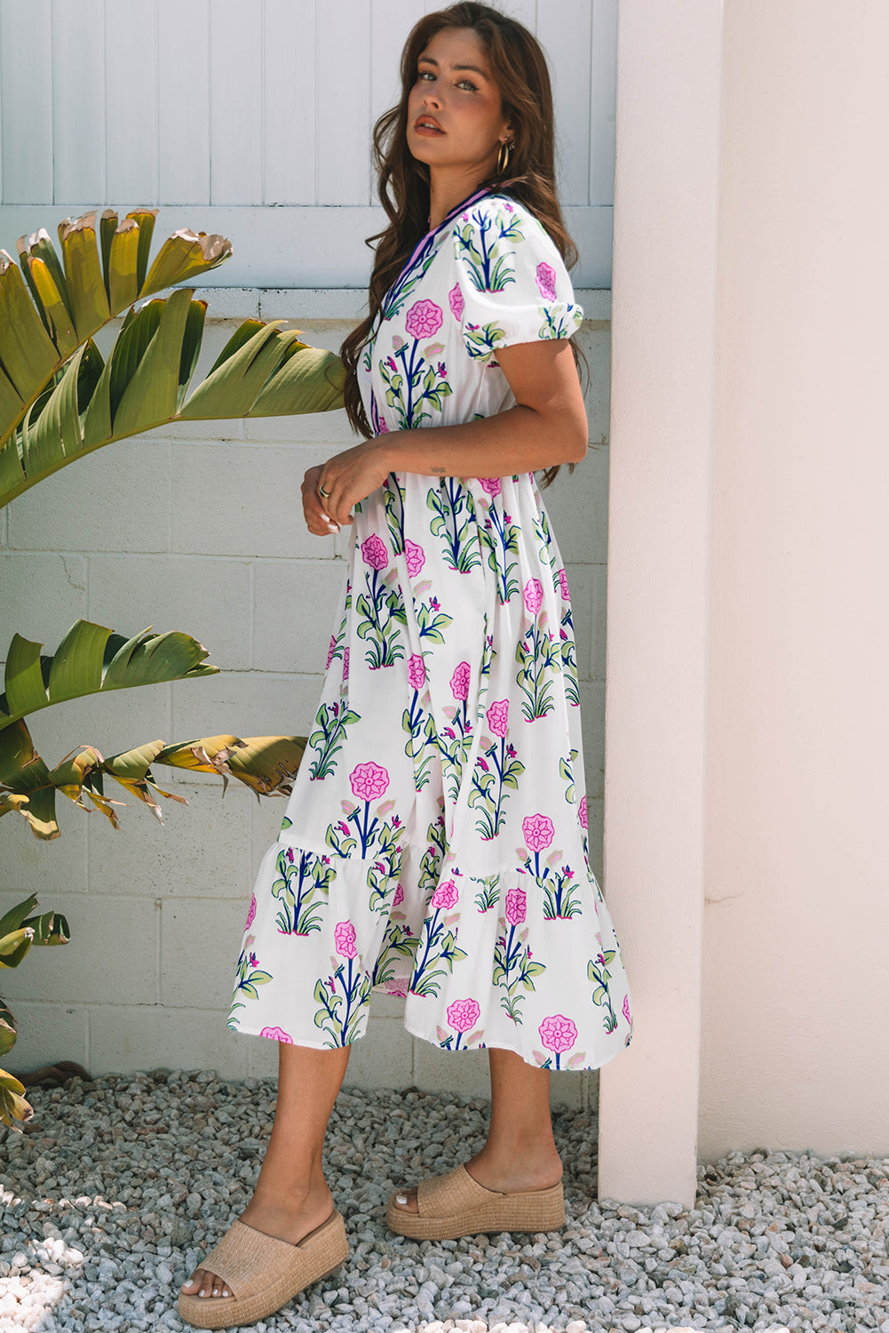 Sky Blue Floral Puff Short Sleeve V Neck High Waist Maxi Dress