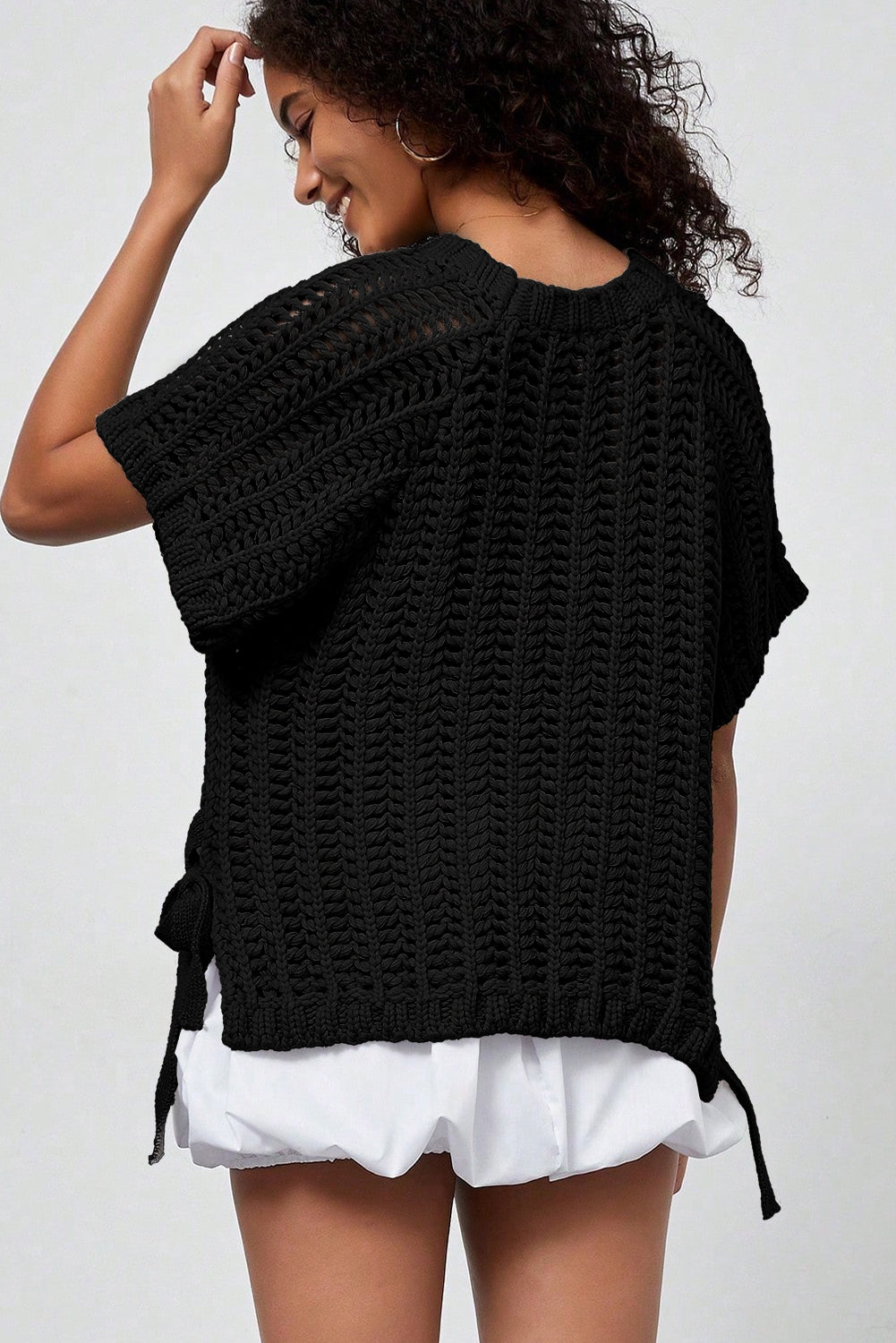 Pink Plus Size Open Knit Bow Tie Short Sleeve Sweater